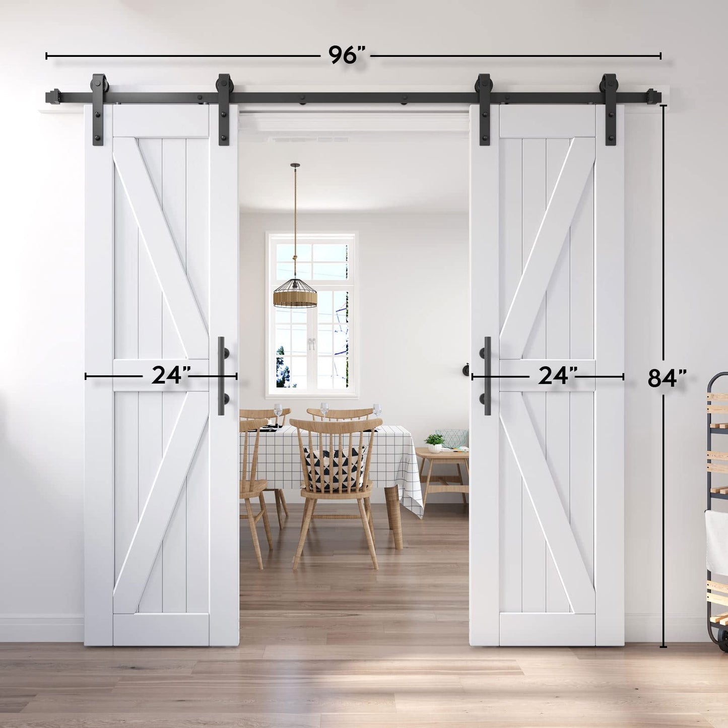 EaseLife 48in x 84in (Double 24in×84in Door) Barn Door with 8FT Sliding Door Hardware & Handle Included,DIY Assemblely,Easy Install,Water-Proof,Apply to Interior Exterior Rooms,K-Frame,White