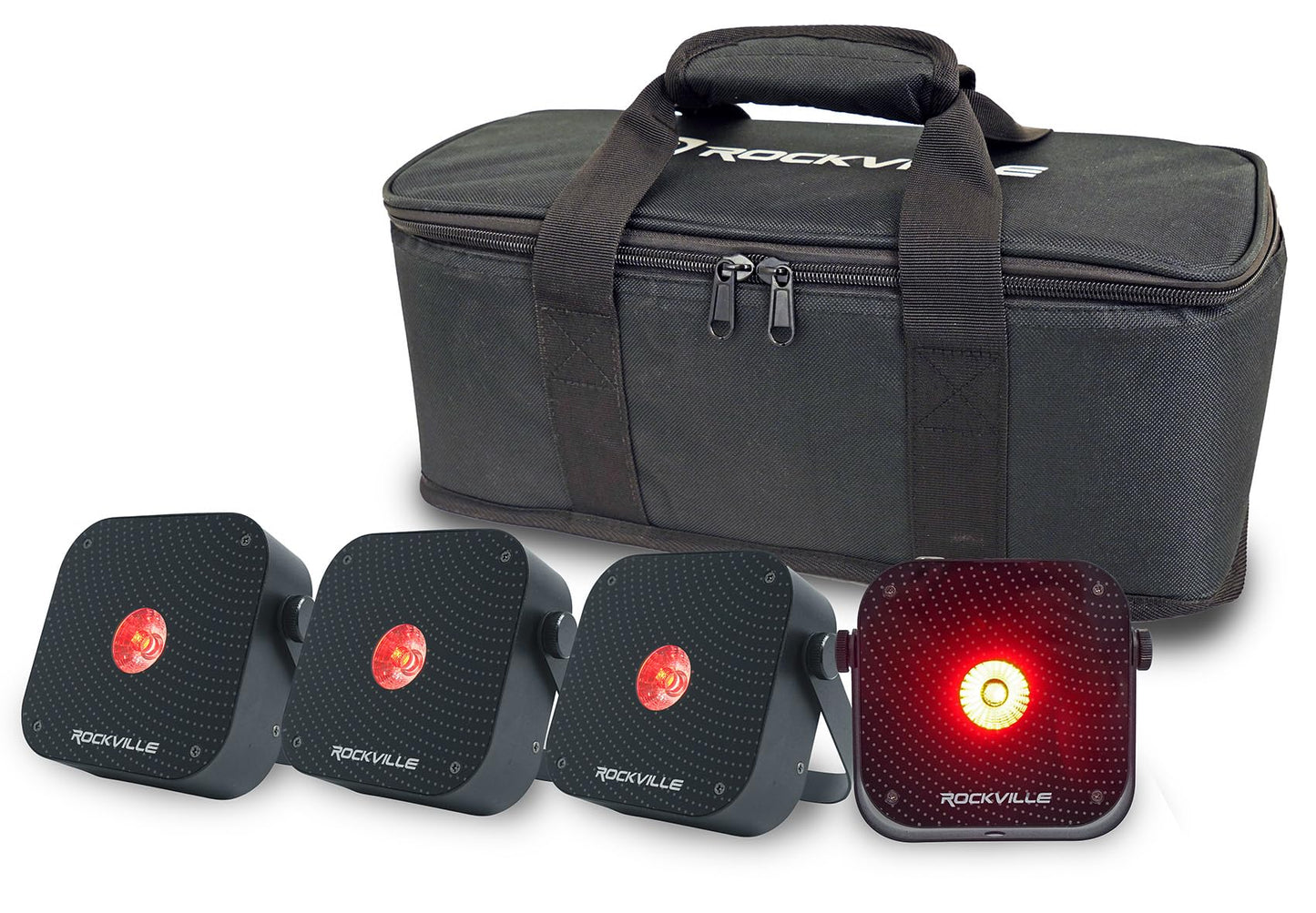 Rockville 4 Pack MINI RF1 V3 Black LED Wash Up Light, RGBWA+UV, Compact, App, Remote, LCD, Wireless DMX, Rechargeable, Perfect for DJ/Party Lighting