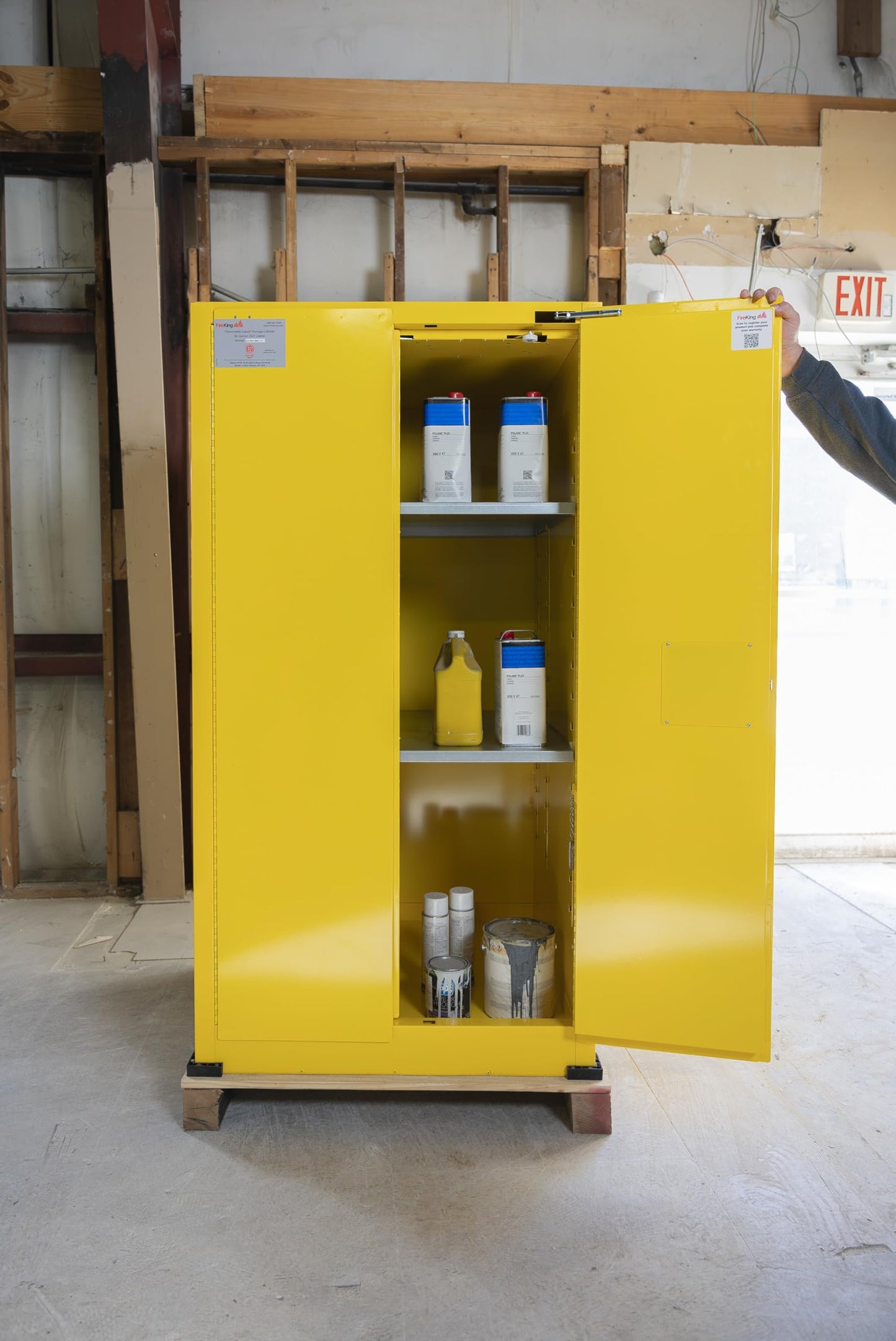 FireKing Yellow Flammable Safety Cabinet, Flammable Liquids Storage Cabinet, 60 Gallon Steel Safety Cabinets with Automatic Door for Commercial, Industrial & Home Use, 34" x 34" x 65"