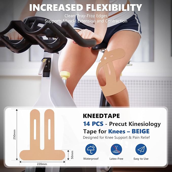 Precut Kinesiology Tape for Knees ??14 PCS Knee Tape for Pain Relief & Support, Elastic Waterproof Sports Tape, Breathable & Latex-Free, Pre Cut Athletic Tape for Workout & Injury Recovery, Beige