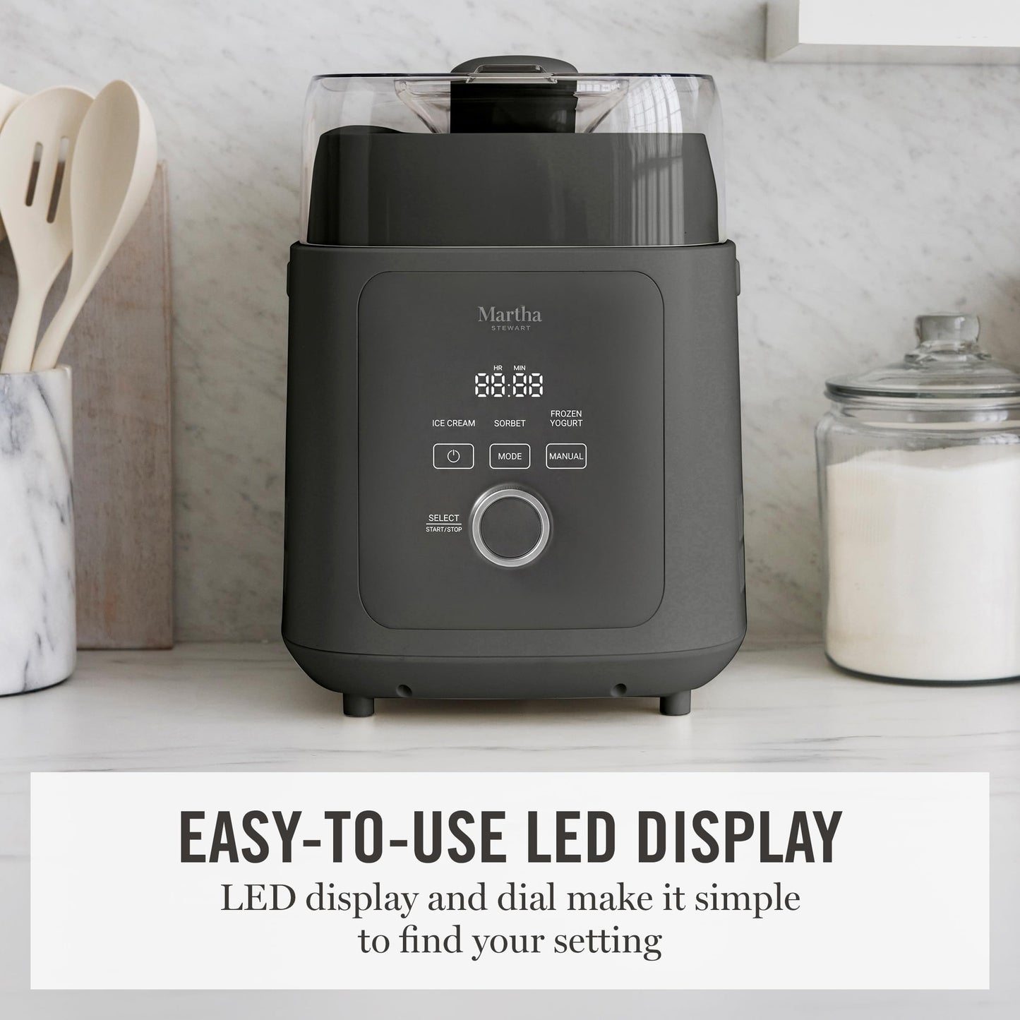 Martha Stewart 1 Quart Ice Cream Maker, Built-In Compressor, No Pre-Freezing Required, 3 Modes (Ice Cream, Sorbet, Frozen Yogurt), Automatic Mix-In Alert, Dishwasher-Safe Parts, Caviar Gray