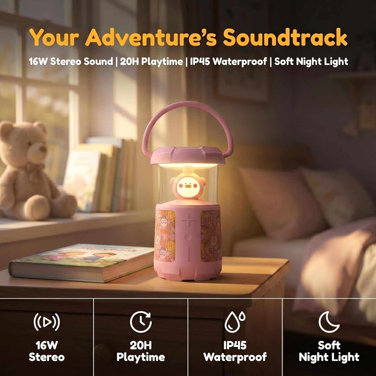wocdwocd 45mm 16W, 3600mAh 20H IP45 Cute Cartoon Bluetooth Speaker with LED Night Light, Dual Stereo Rechargeable, Long