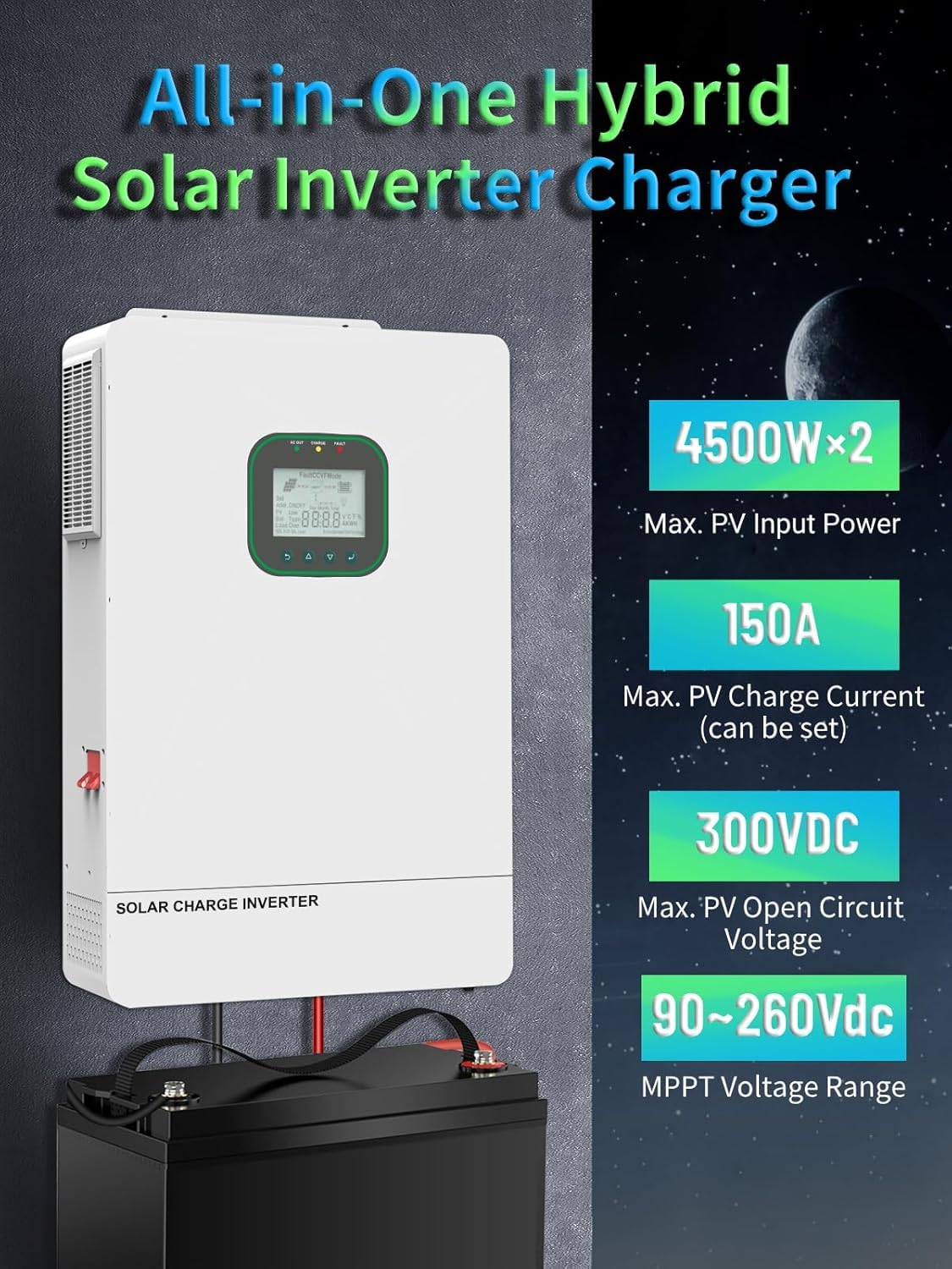 All in One 6500W Solar Hybrid Inverter Pure Sine Wave Inverter with Single Phase，MAX 6 Parallel, Work with 48V DC to 110V AC Lead Acid/LiFePO4 for Home, RVs, (6.5KW-WiFi)