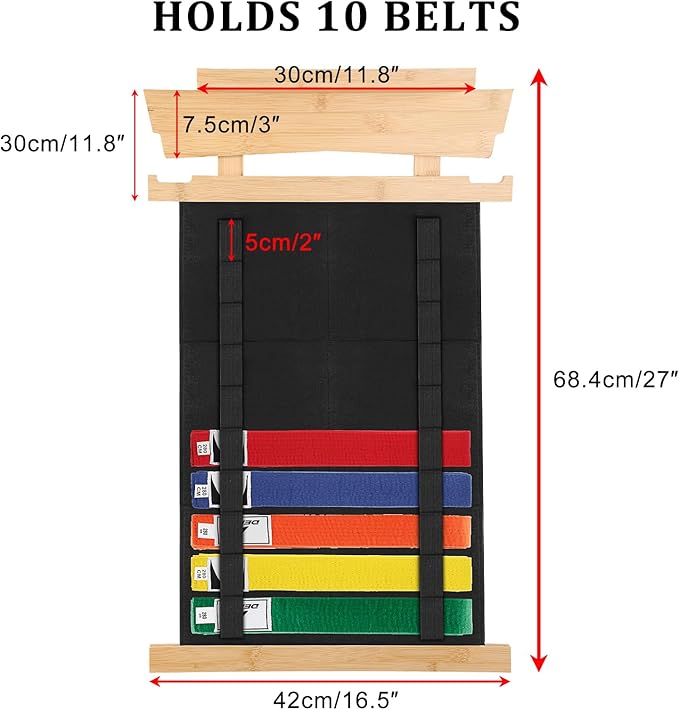 JUXYES Wall Hanging Martial Arts Belts Organizer with Trophy and Medal Display Rack, Bamboo Karate Belt Display Holder Rack, Wall Mounted Taekwondo Belt Display Holder for Martial Arts Learners