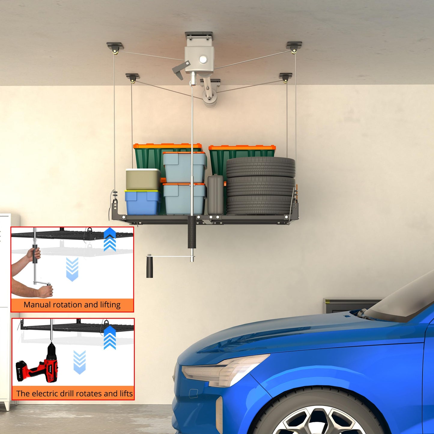 UODENGA Overhead Garage Storage Rack,4x4FT Ceiling Storage Racks with Secure Lock,Garage Storage Lift System for Easy Up Down,Industrial Elevator Lift Holds 400 Lbs