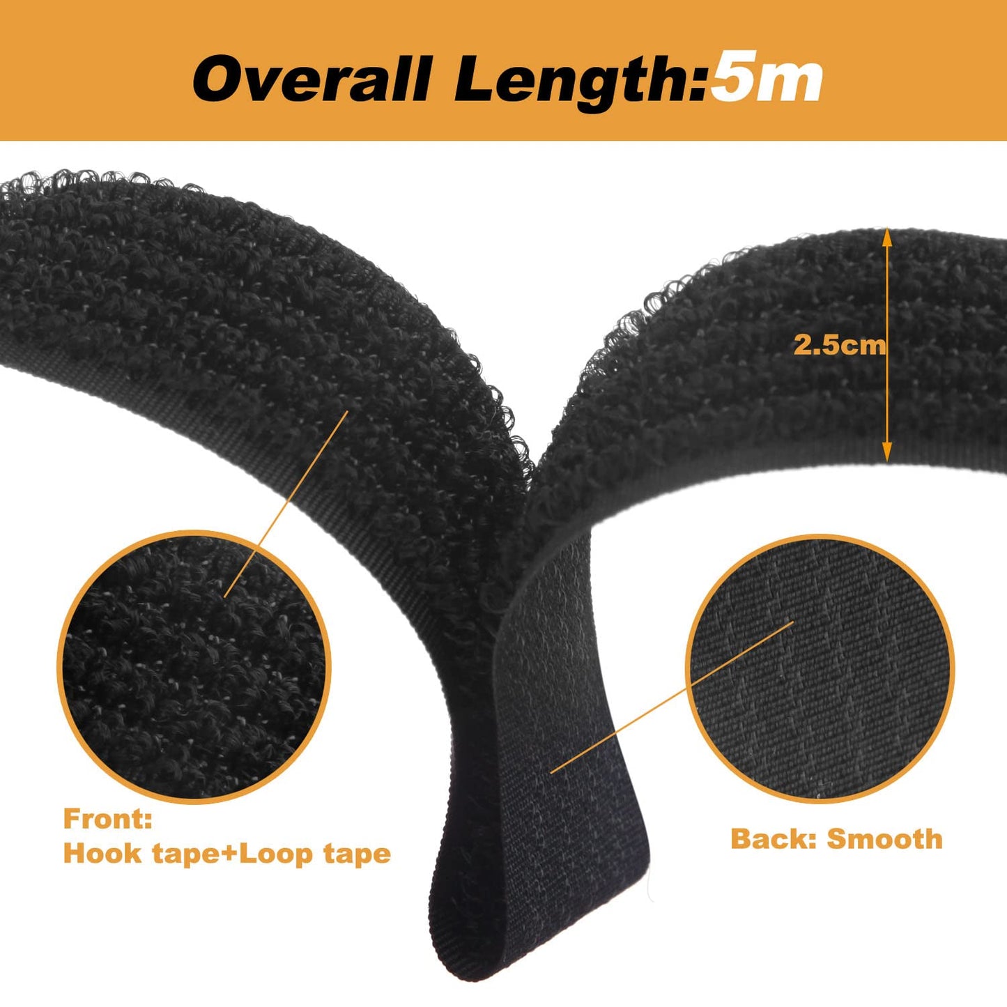 WSZJINB 16Ft x 1In Adjustable Cable Straps with 25 Buckles, Free Cut Length, Black Reusable Fastening Cable Ties, Hook and Loop Securing Strap for Cable Tidy, Wire Management, Cord Organiser, Black