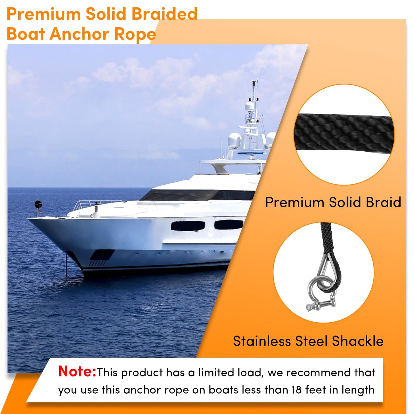 Anchor Rope 50 Ft X 3/8 Inch, Premium Solid Braid MFP Anchor Line, Boat Anchor Rope with Stainless Steel Thimble and Shackle (Black)
