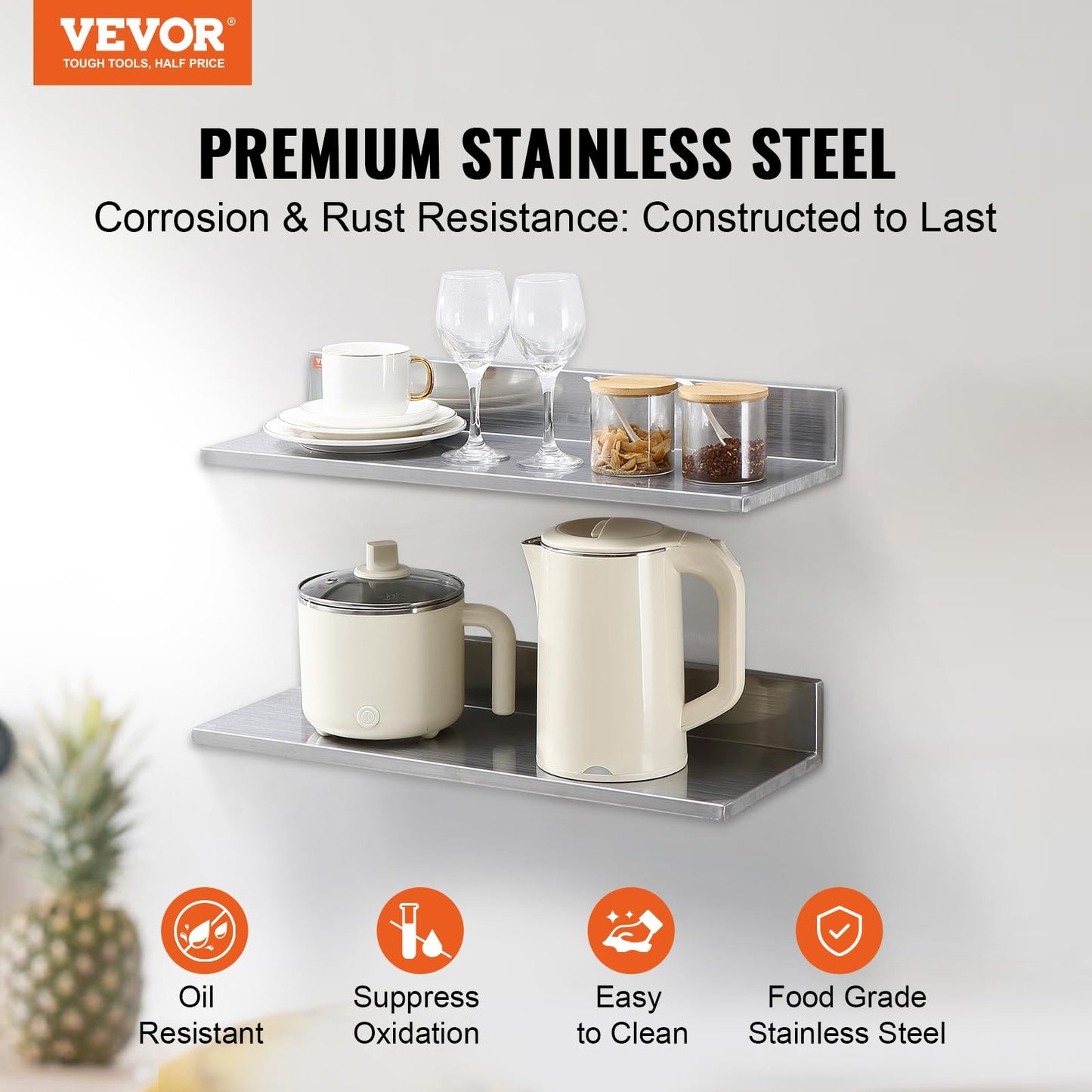 VEVOR 8.6" x 24" -2Pack Stainless Steel Shelf, Wall Mounted Floating Shelving with Backsplash, 44 lbs Load Capacity Commercial Shelves, Heavy Duty Storage Rack for Restaurant, Kitchen, Bar, Home