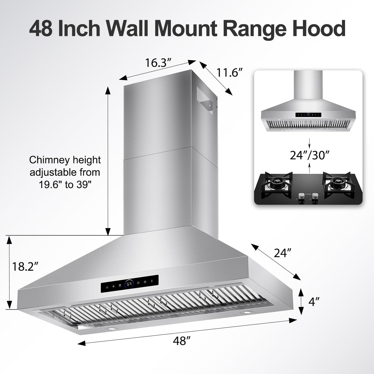 48 inch Range Hood Wall Mount, 1500 CFM with 4-Speed Gesture Sensing & Touch Control, Stainless Steel Ducted Kitchen Stove Vent Hoods with 4 LED Lights, Time Setting, Dishwasher-Safe Baffle Filters