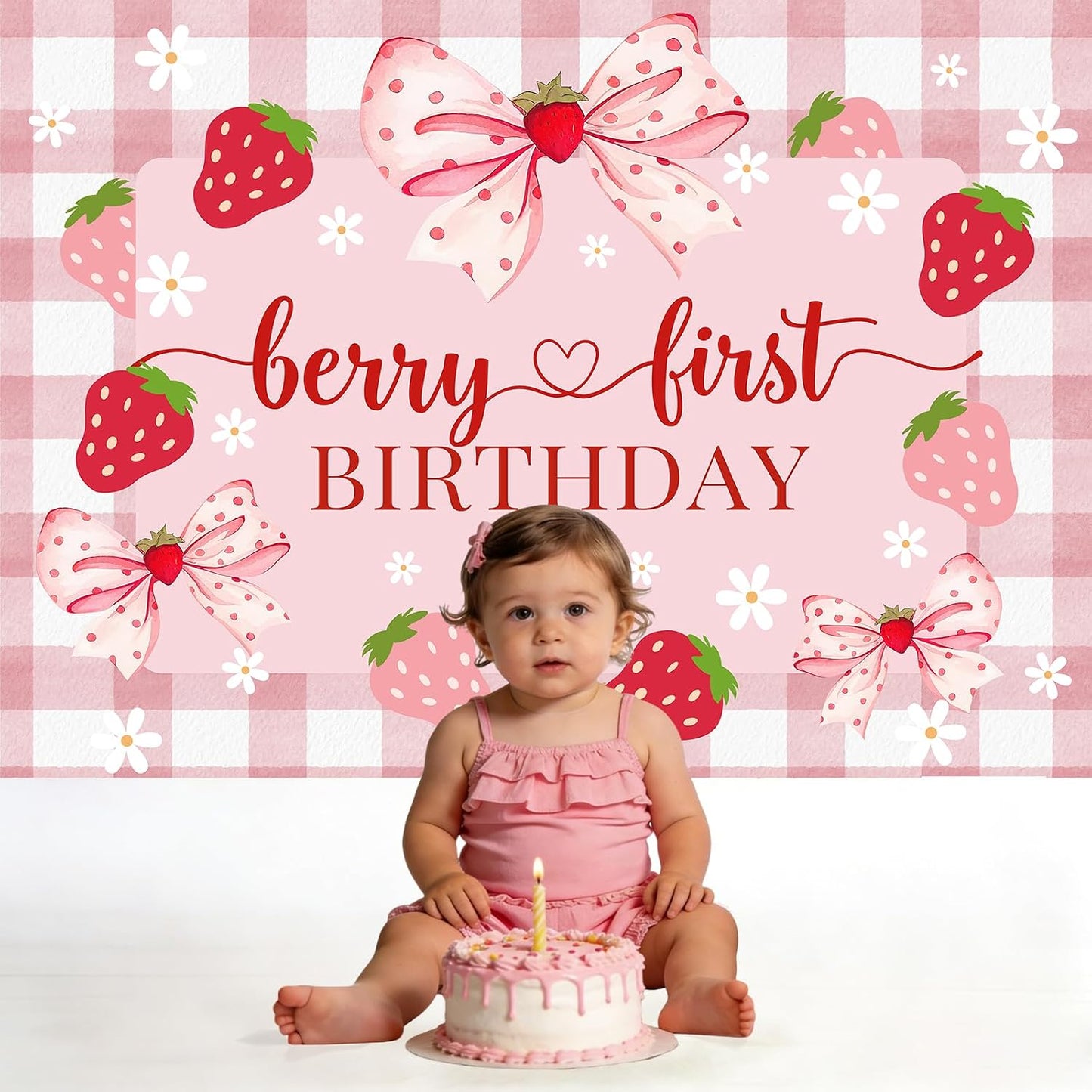 1st 7x5ft Berry First Birthday Backdrop for Girl Pink Bowknot Strawberry Photography Background Sweet One Birthday