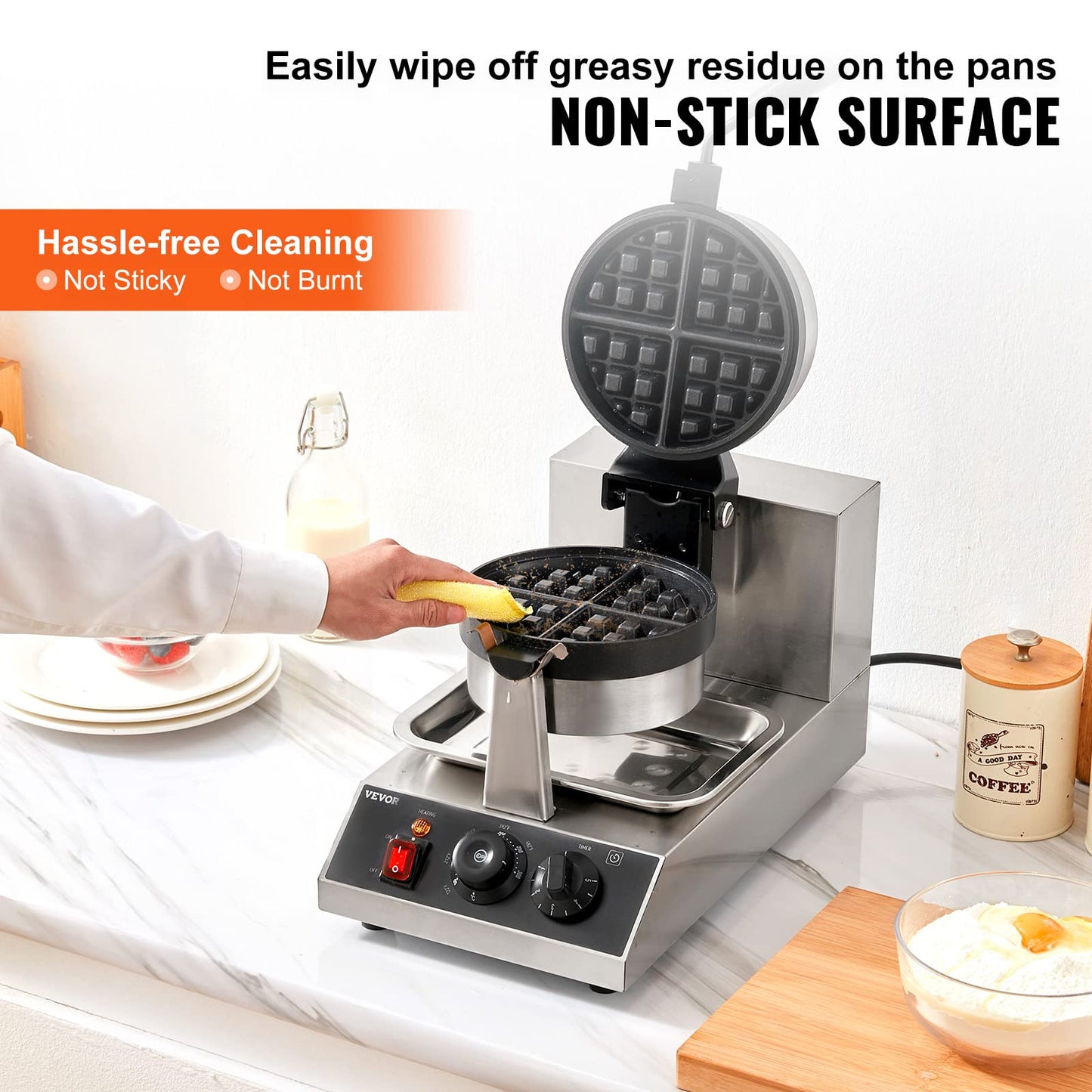 VEVOR Commercial Waffle Maker, 1300W Round Waffle Iron, Non-Stick Rotatable Waffle Baker Machine With 122-572℉ Temp Range and Time Control, Teflon-Coated Baking Pan Stainless Steel Body 110V