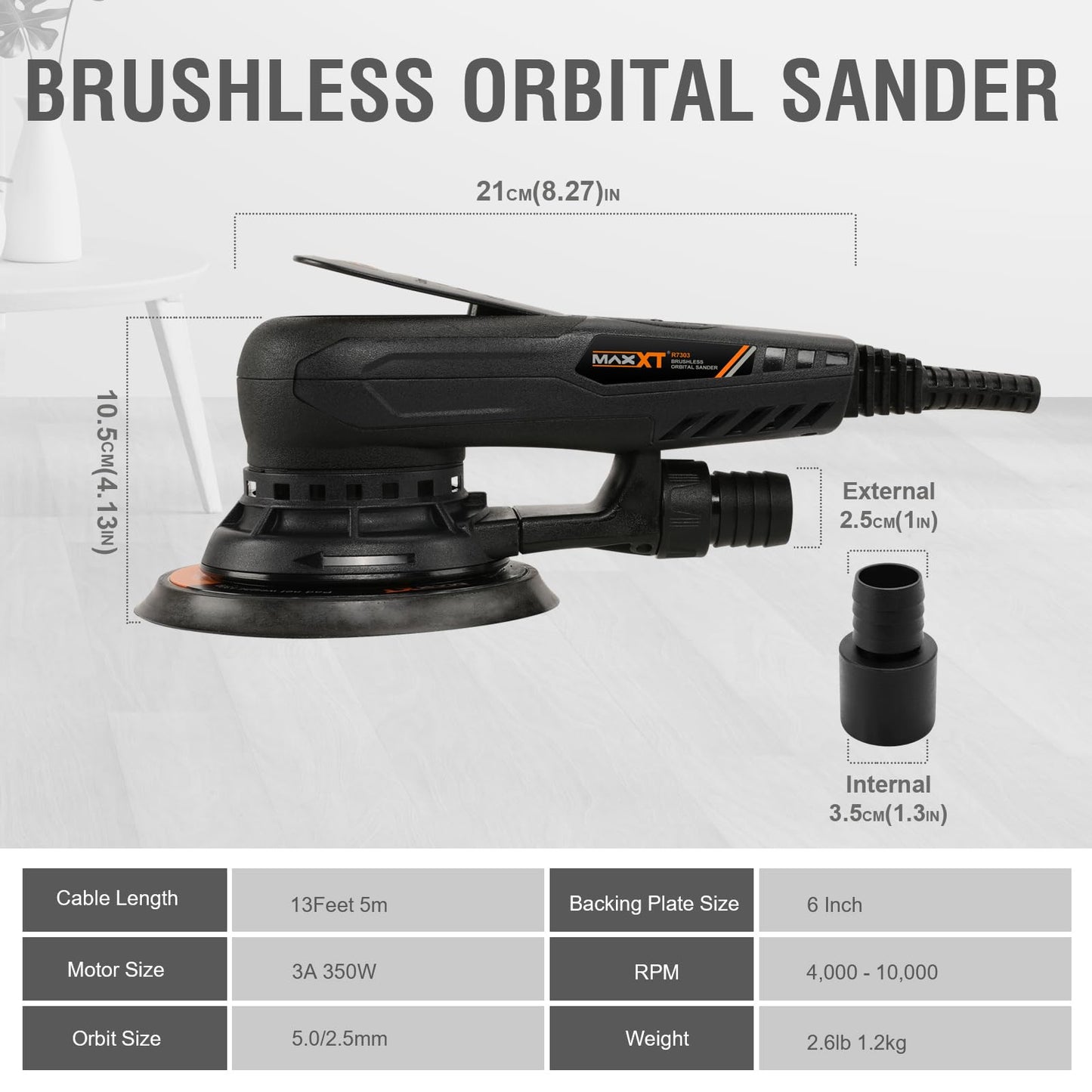 MAXXT Electric 5mm Random Orbital Sander, Brushless 350W 3A Palm Sander, Multi-function Variable Speed Electric Corded Orbital Sanders Machine with 6Inch Sanding Pad, 10 Sanding Papers for Woodworking