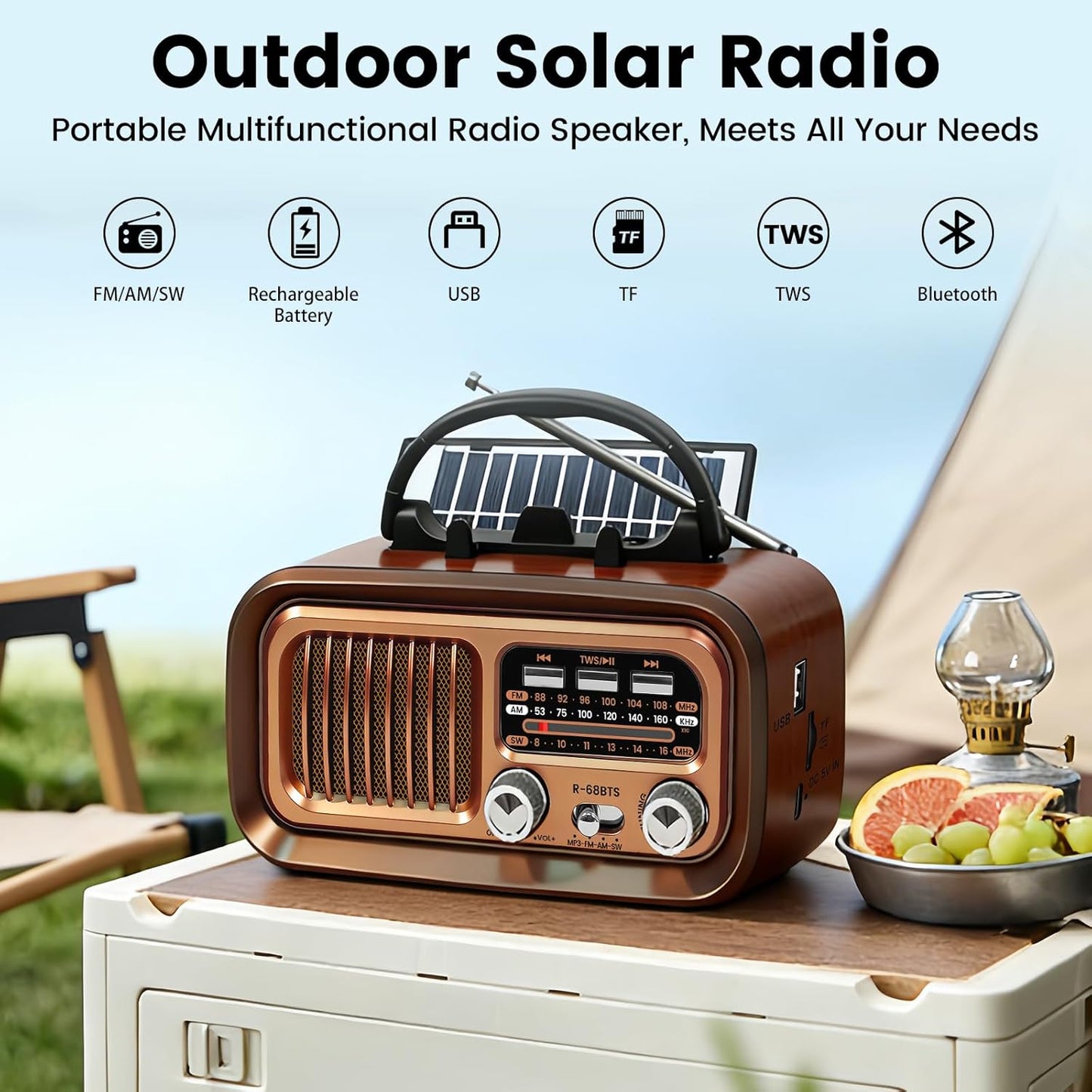 Bingxue MP3 Vintage Portable Radio with Bluetooth & TWS, AM/FM/SW Reception, Solar/D Battery/USB Charging, Player, TF