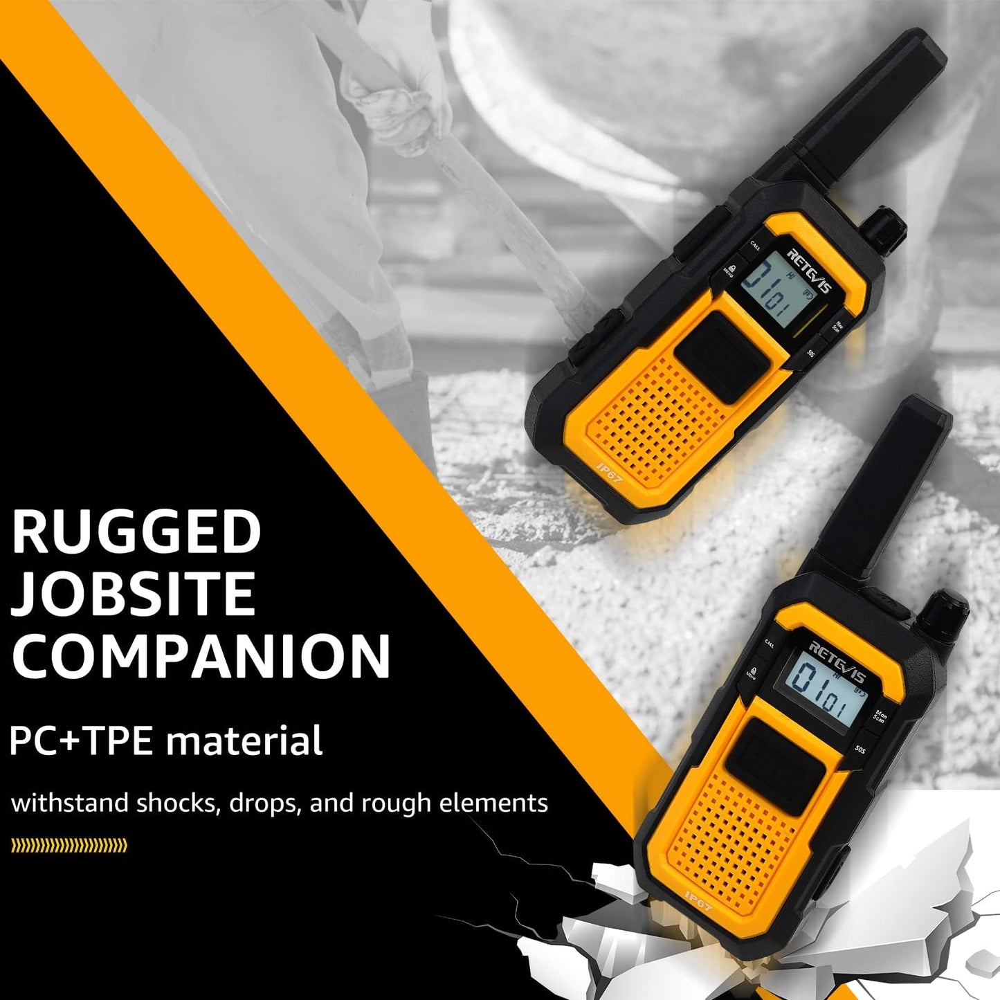Retevis RB48 IP67 Waterproof Walkie Talkies Long Range, MIL-STD-810H Heavy Duty Two Way Radio, Rugged & Large Front PTT, Vibration Alert, NOAA, Floating, for Construction Job Site (4 Pack) Yellow