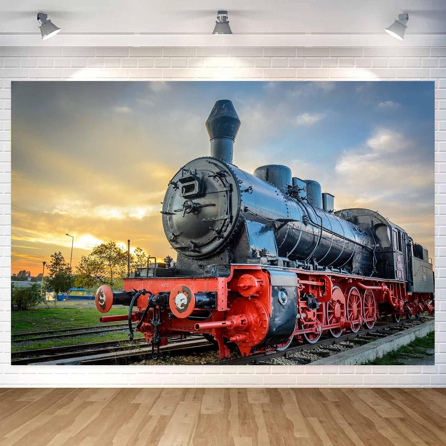 DYNH Sunset Supplies-7x5FT Steam Train Backdrop,Railroad Tracks Railway Photo Background,Train Banner,School Bulletin