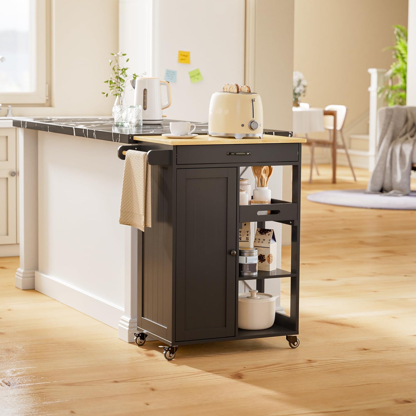 Gizoon Kitchen Island Cart with Solid Wood Top, Rolling Serving Utility Trolley Cart with Drawer, Cabinet, Towel Rack, Hooks and 3 Open Storage Shelves, Mobile Storage Cart for Dining Room, Bar, Black