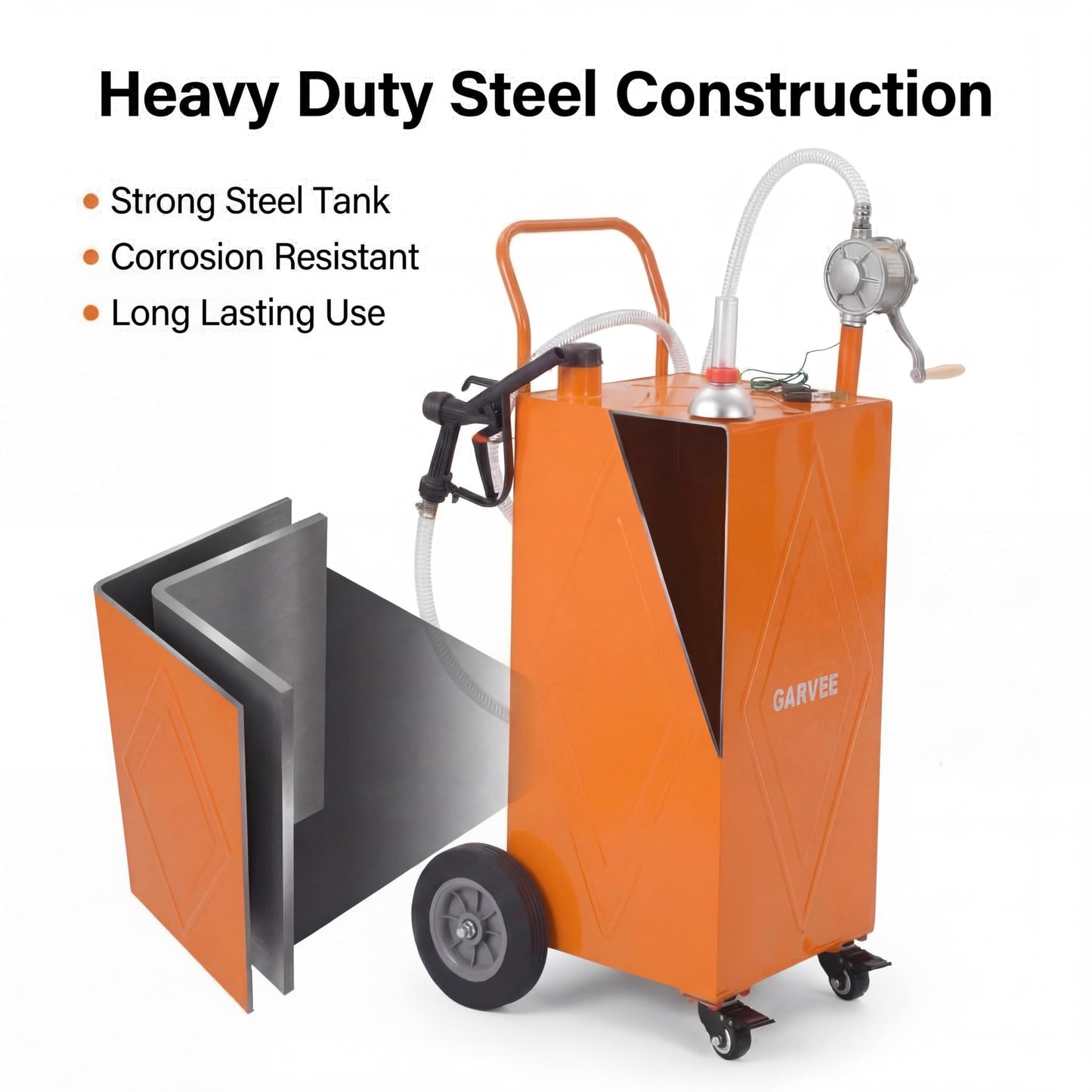 Patikuin 30 Gallon Heavy-Duty Steel Fuel Caddy with Manual Rotary Pump – Portable Gasoline & Fuel Transfer Tank – Reinforced 4-Wheel Design for Trucks, Boats, ATVs, Lawn Mowers, Farm Equipment – Reinforced 4-wheel design - Orange