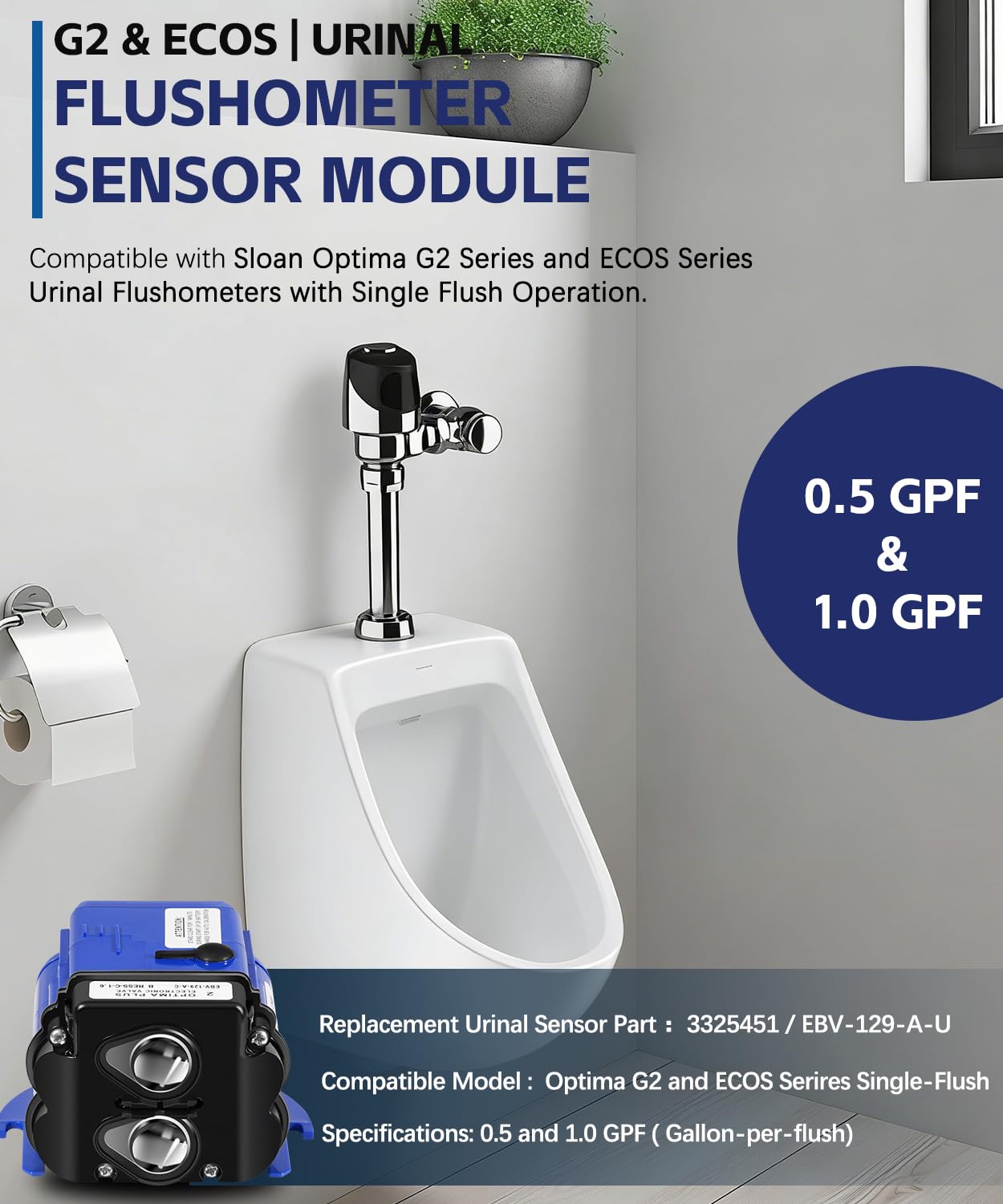 EBV-129-A-U Urinal Electronic Control Module 0.5 & 1.0 GPF for Sloan Optima G2 & ECOS Sensor Urinal Flushometers, 3325451, AXF770 Replacement for Sloan Flush Valve Sensor Module