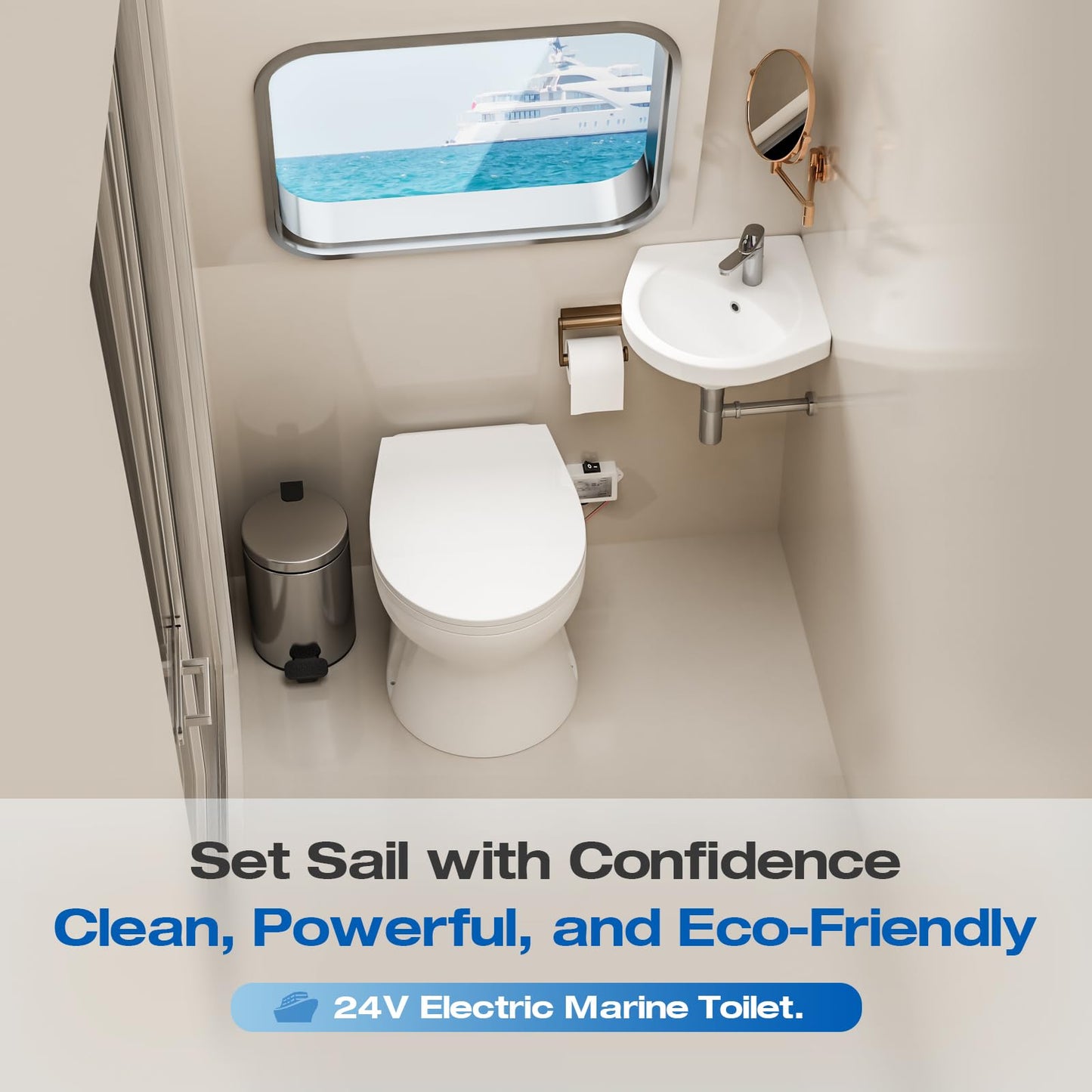 24V Marine Electric Toilet, Compact Design Bowl, Heavy-Duty Built-In Macerator Pump with Smart Flush Control, Quiet Operation Soft-Close Lid for RV/Boats/Yachts