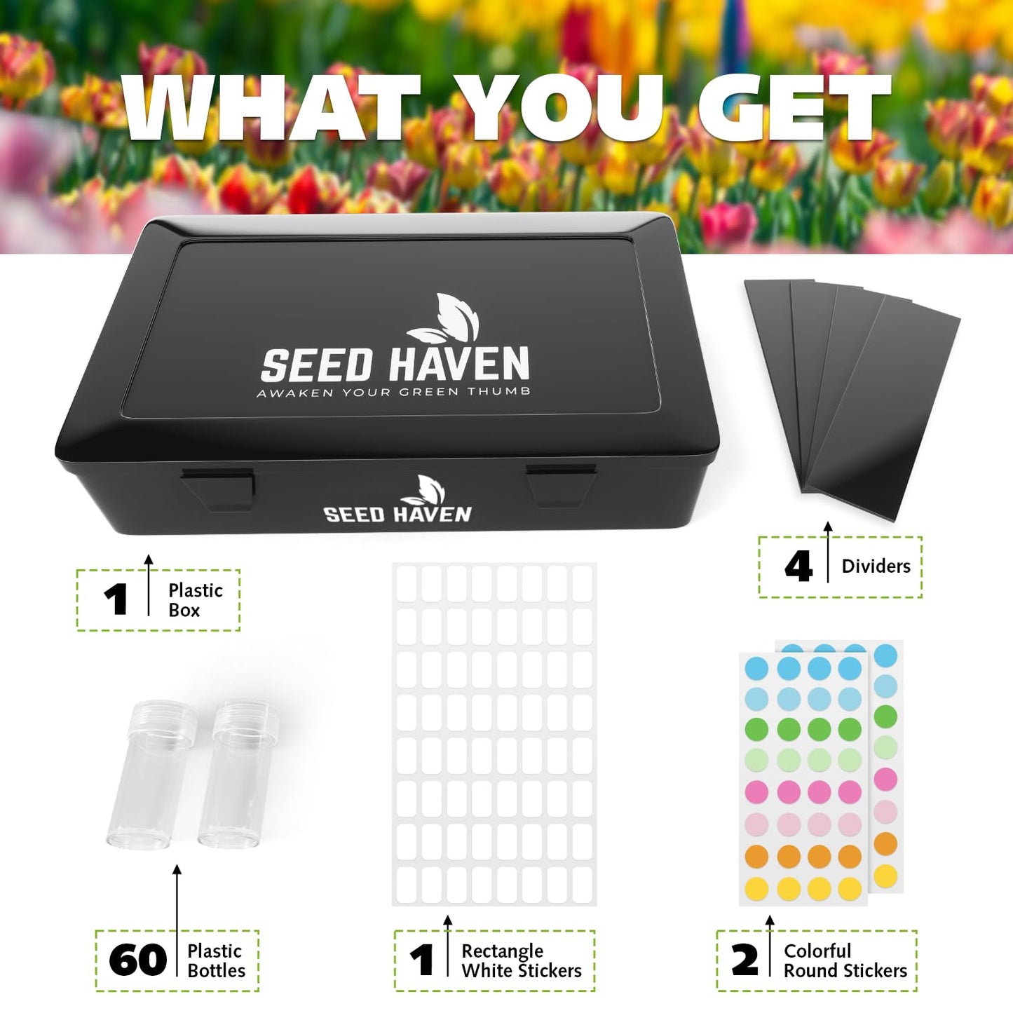 Seed Organizer Storage Box, Black Opaque Light Proof Seed Bank with 60 Transparent Bottles & Labels, Seed Holder Packet Organizer, Seed Vault Container for Homesteaders, Garden Tackle and Bead Sorter