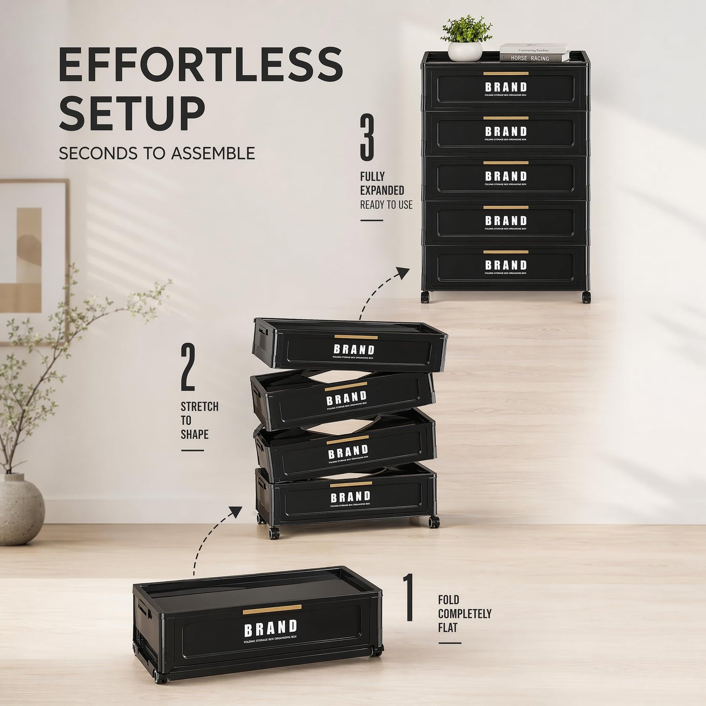 Foldable Storage Cabinet with Doors and Lockable Wheels, 5-Tier Large Capacity ABS Organizer, No-Tool Assembly Storage Cabinet for Small Apartment, Kitchen, Pantry, Laundry, Garage