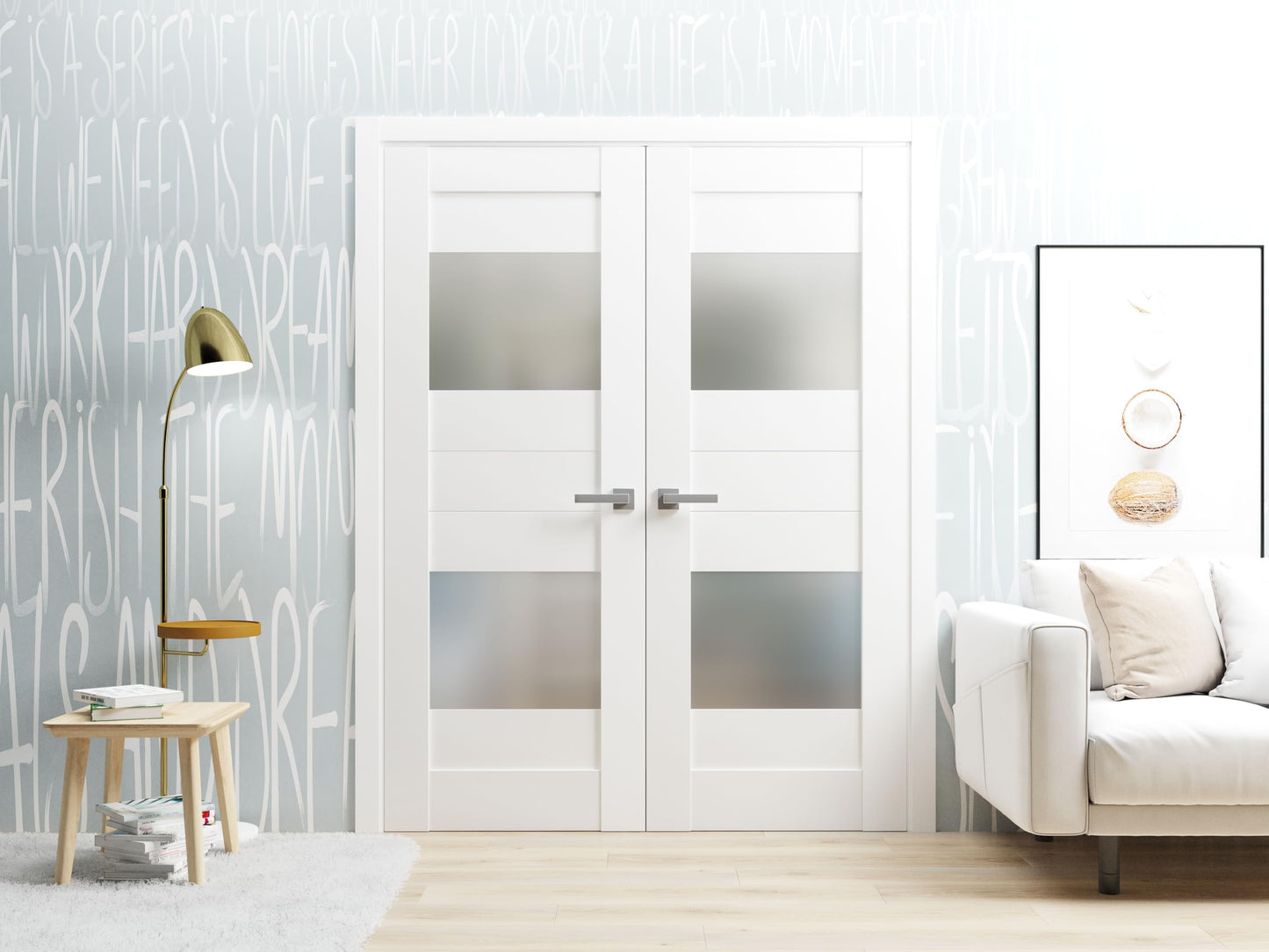 VDOMDOORS Sete 6222 | Double Swing Interior French Doors with Glass with Frosted Glass, MDF, Hardware Included, 48x96, White, Modern