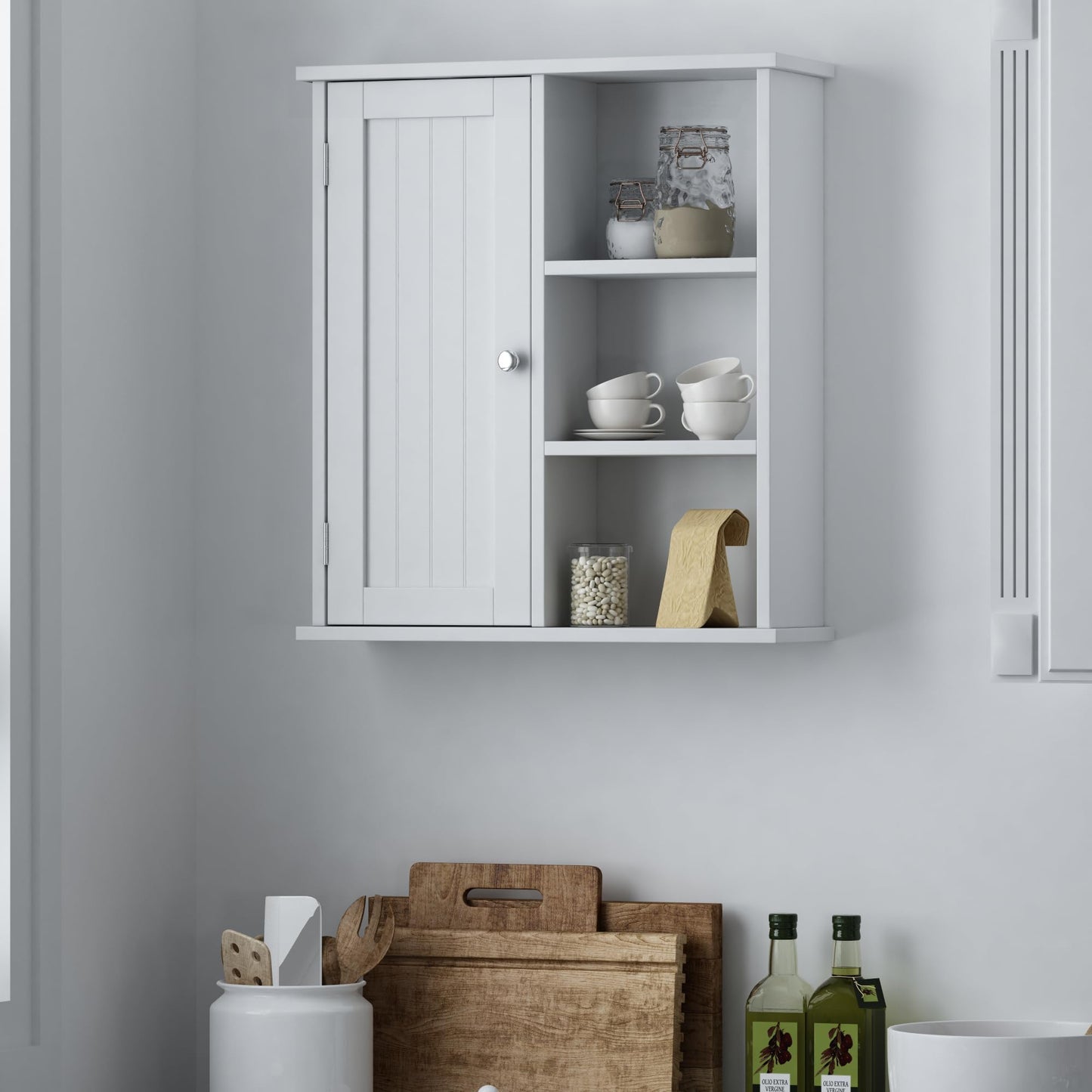 Treocho Bathroom Wall Cabinet, Medicine Cabinet with Door and 3 Open Shelves, Wall Mounted Storage Organizer for Bathroom, Kitchen, Living Room, White
