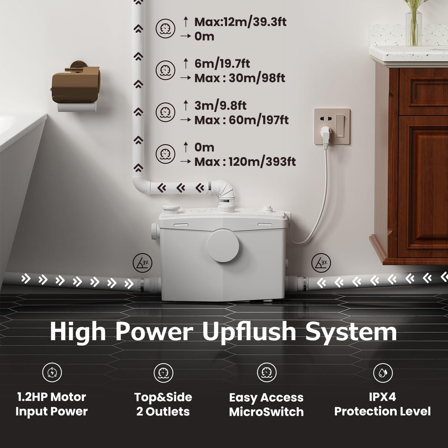 900W Basement Upflush Toilet System, Macerating Toilet with Pump, Head Lift Up to 39.3ft, Included Two-piece Elongated Bowl, 4 Inlets, Top & Side Discharge Macerator Pump, Extension Pipe