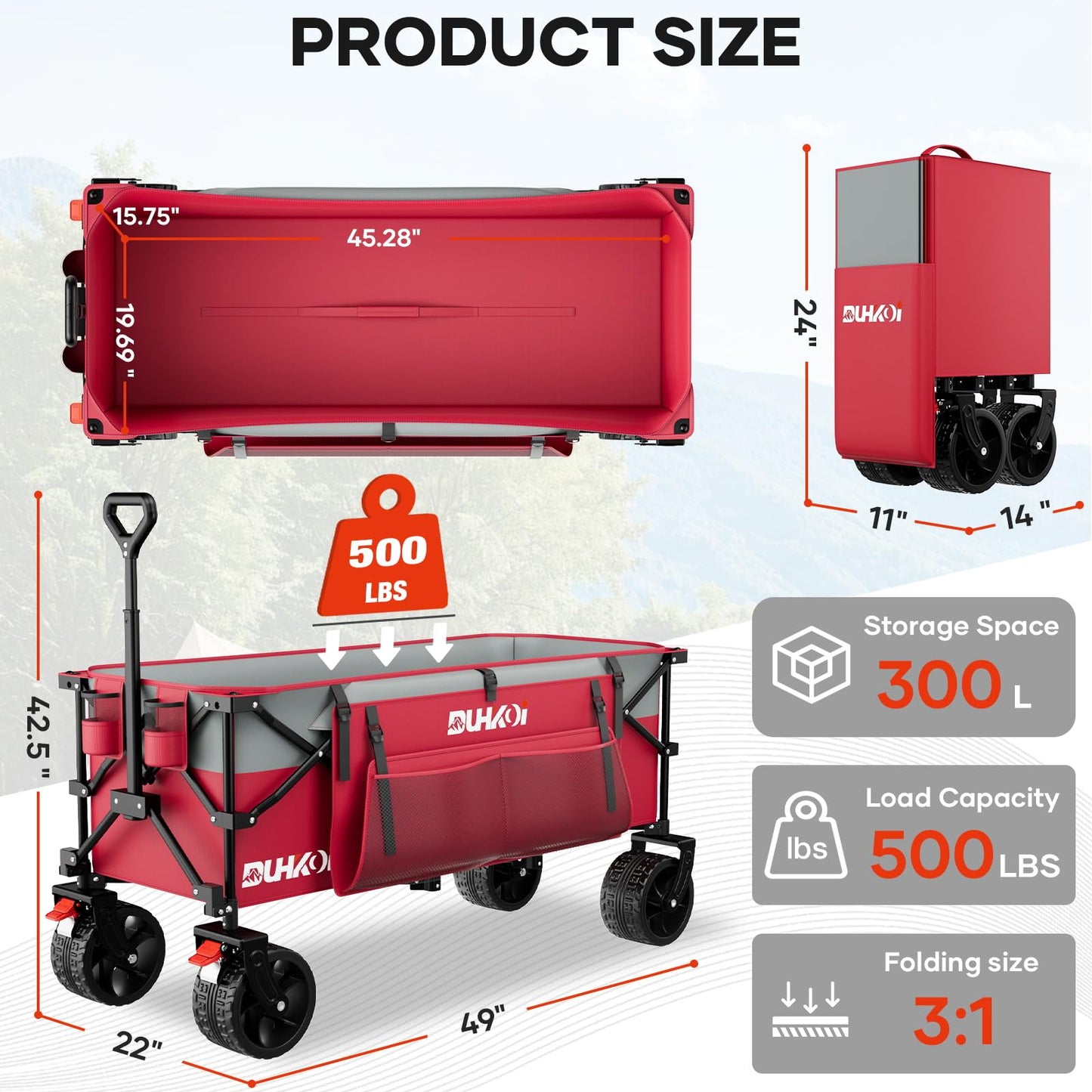 49" L Collapsible Extended Wagon with 500lbs Weight Capacity,300L Heavy Duty Sports Wagon,Big All-Terrian Wheels with Cup Holders,Cart for Sports,Grocery,Shopping,(Rosepink)