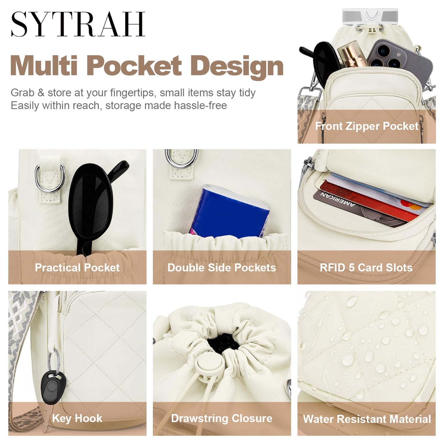 SYTRAH Water Bottle Bag Crossbody，Insulated Water Bottle Purse Crossbody Water Bottle Holder with Strap 40 oz, Sling Bag for Walking Hiking, White