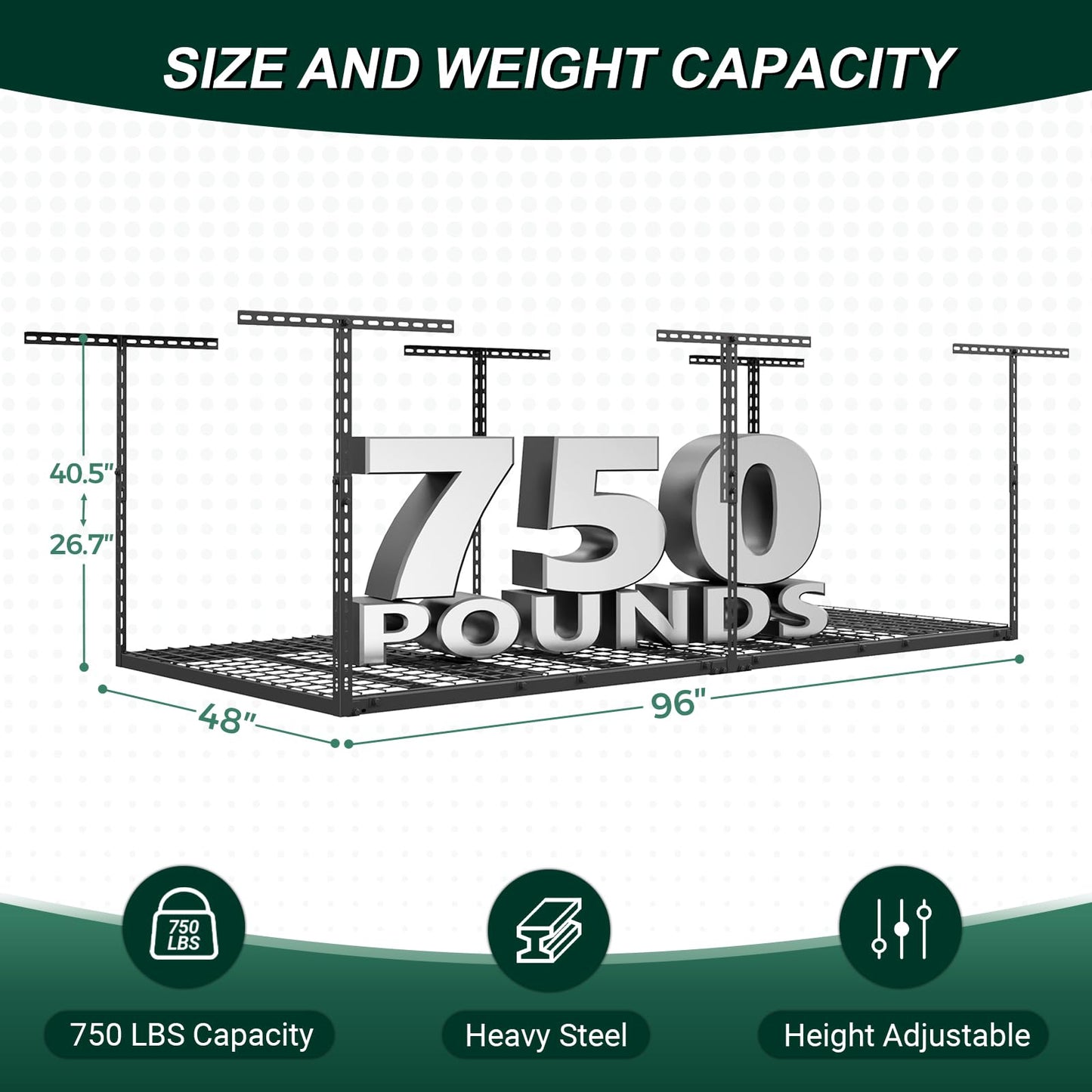 TOPIRON 4x8 FT Overhead Garage Storage Rack, 26"-40" Height Adjustable Heavy Duty Garage Ceiling Storage Rack, 750LBS Capacity Metal Hanging Organizer System for Garage