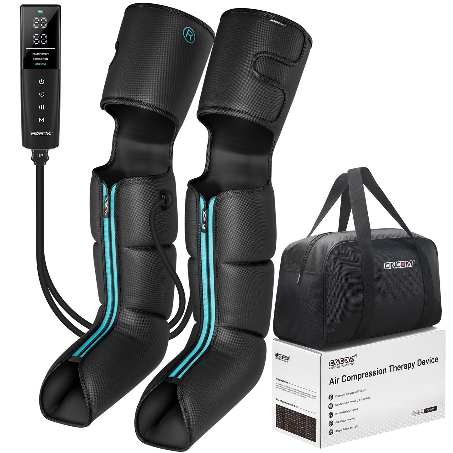 CINCOM Cordless Air Compression Massager - Rechargeable Leg & Foot Boots with 3 Modes, 10 Intensity Levels, 5 Timer Settings for Circulation, Pain Relief, Edema, RLS & Recovery