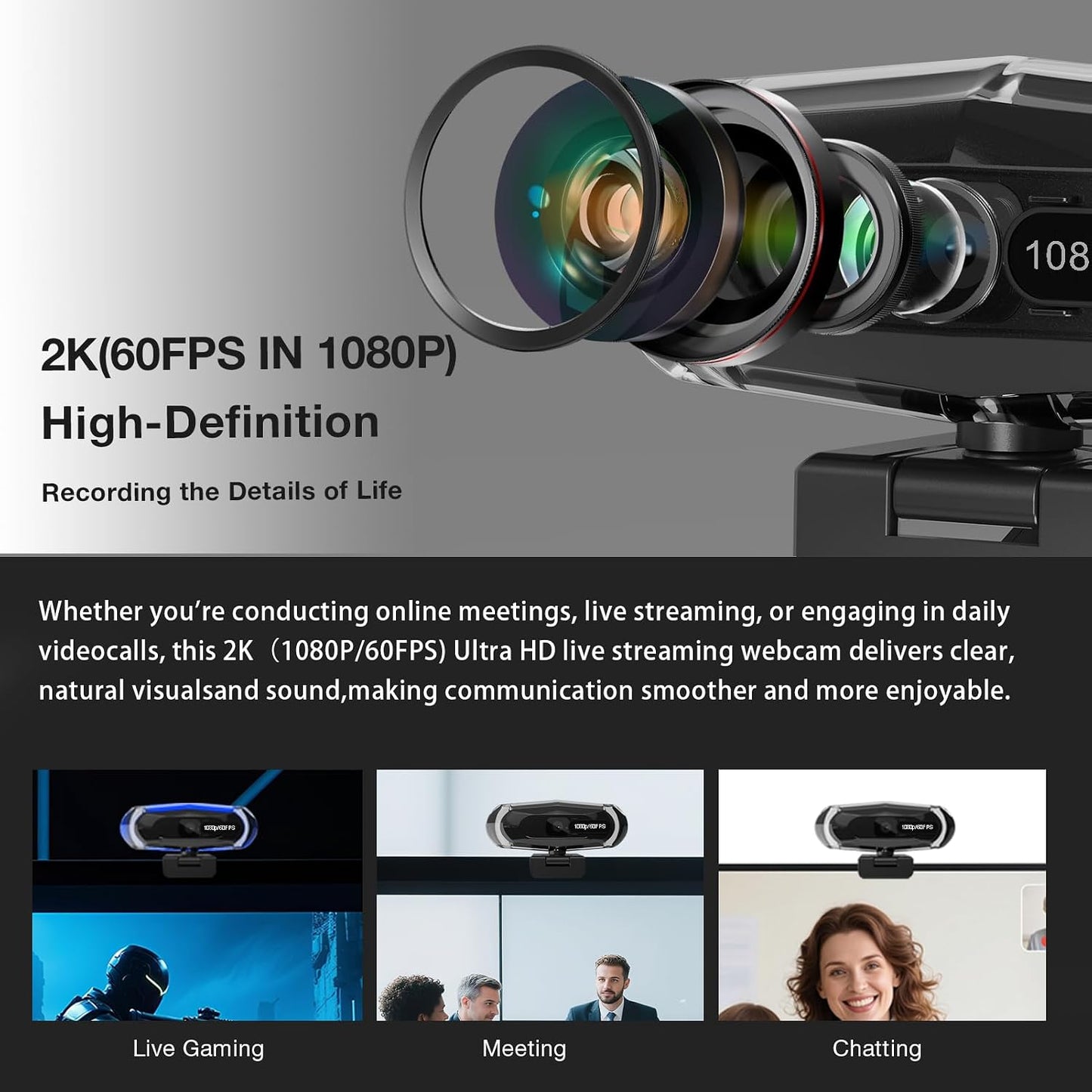 ceabulila 1080P 60FPS Streaming Webcam with Autofocus, Microphone, RGB Light and Tripod, USB Camera for PC/Mac, Plug