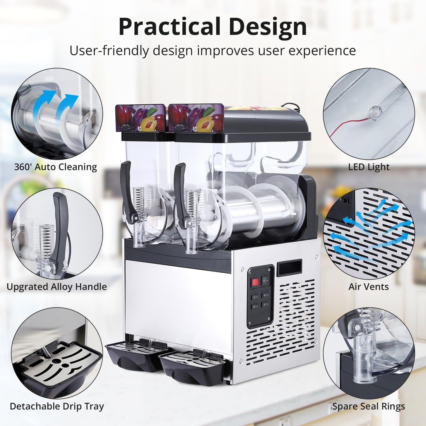 GarveeHome Commercial Slushy Machine, Stainless Steel Margarita Smoothie Frozen Drink Maker, Self-Cleaning, 700W, Perfect for Homes, Coffee Shops,Restaurants,Black,15 L*2