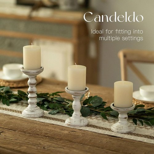 Candeldo Wood Candle Holders - Rustic Pillar Holder Set of 3 | Tall White Farmhouse Decor for Centerpieces