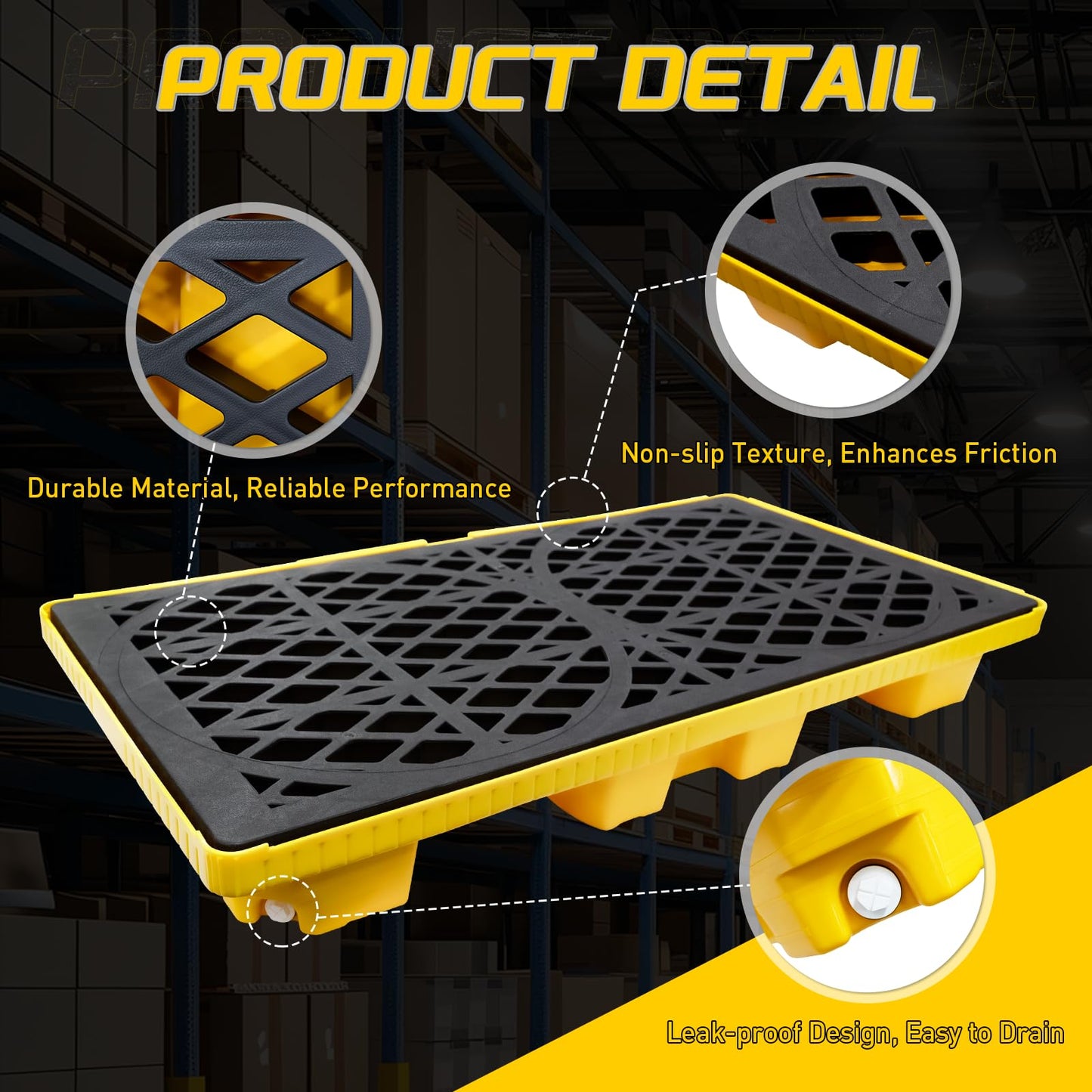 2 Drum Spill Containment Pallets with Drain & Forklift Pockets, Leakproof Platform for Garage, Basement, Industrial Storage (1 Pack, 48" x 24" x 4", 4400lbs Load Capacity, 11.89 Gallon Sump)