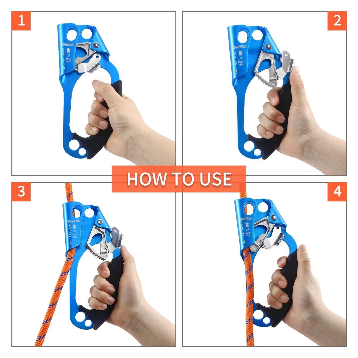 NewDoar Right Hand Ascender Rock Climbing Tree Arborist Rappelling Gear Equipment CE Certified Rope Clamp for 8~13MM Rope(Blue-Right)