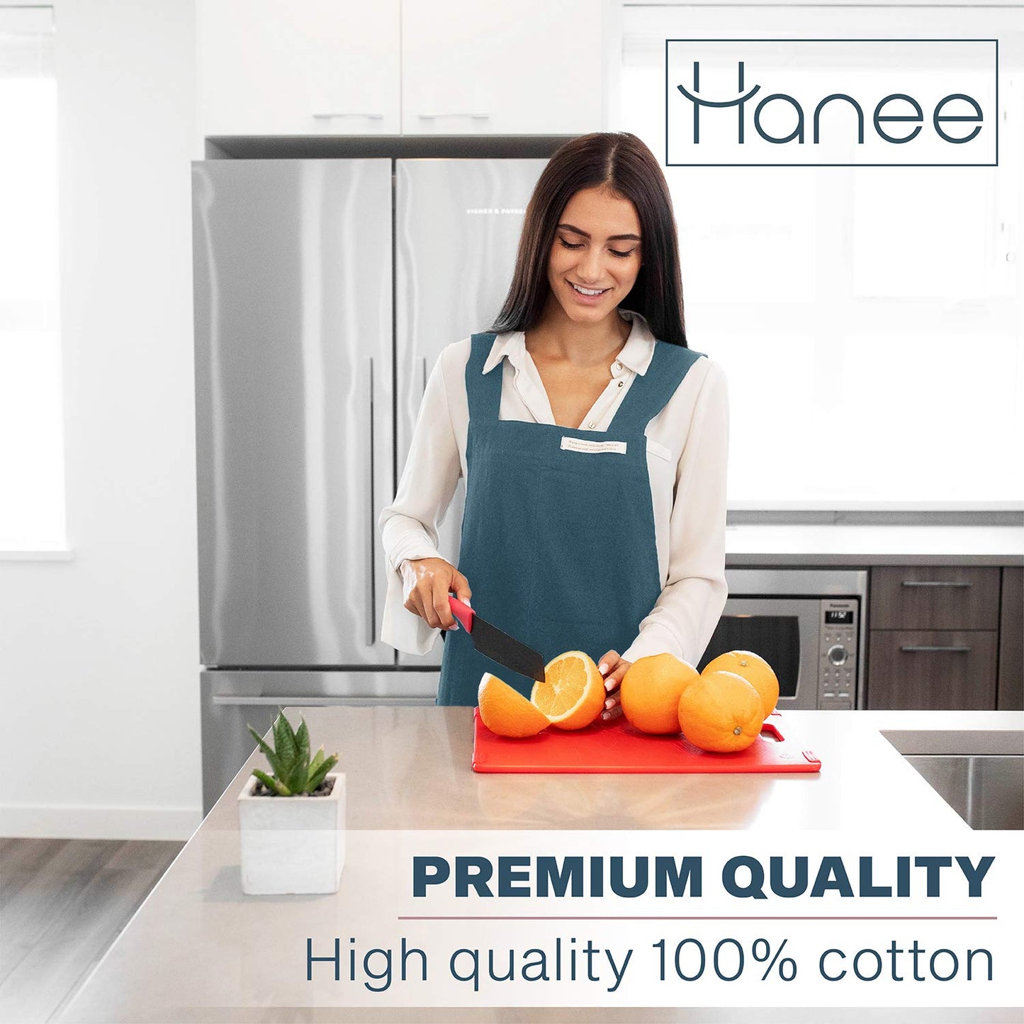 HANEE Cotton Aprons for Women Men | Cross-Back Apron with Pockets (Deep Teal)