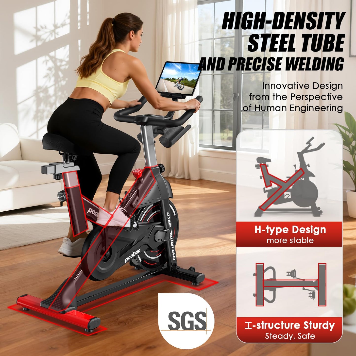 pooboo Exercise Bike,Stationary Bike for Home with Exclusive App,Magnetic Indoor Cycling Bike with 350 lb Weight Capacity,Tablet Mount,LED Display and Fitness Courses for Weight Loss,Low Noise