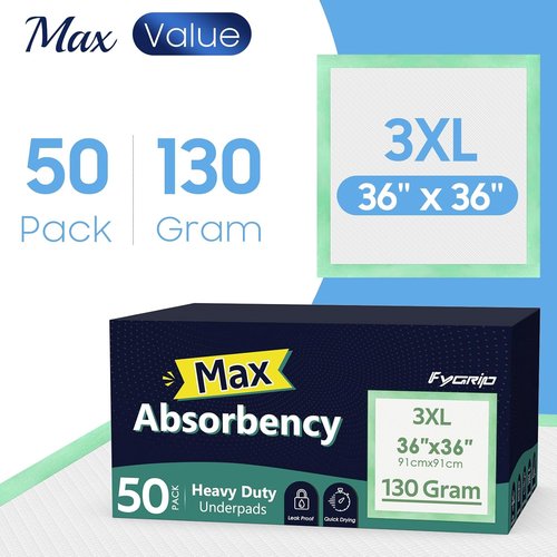 Fygrip Disposable Underpads - Hospital Grade, 130 Gram, 36” x 36” | Max Absorbency, Leakproof & Quick Drying for Adults, Kids & Pets