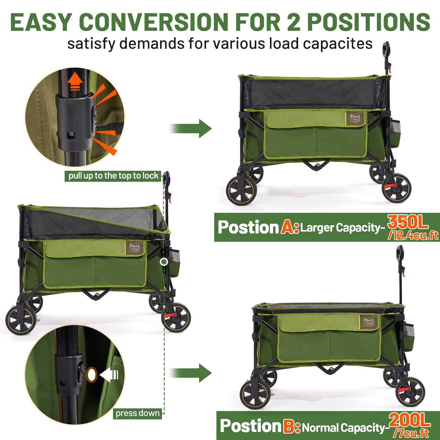 Timber Ridge Collapsible Folding Wagon 350L Extra Large with Brake, Heavy Duty Camping Utility Cart Outdoor, Extended Height Adjustable Handle, Cup Holders, Side Bag, Green