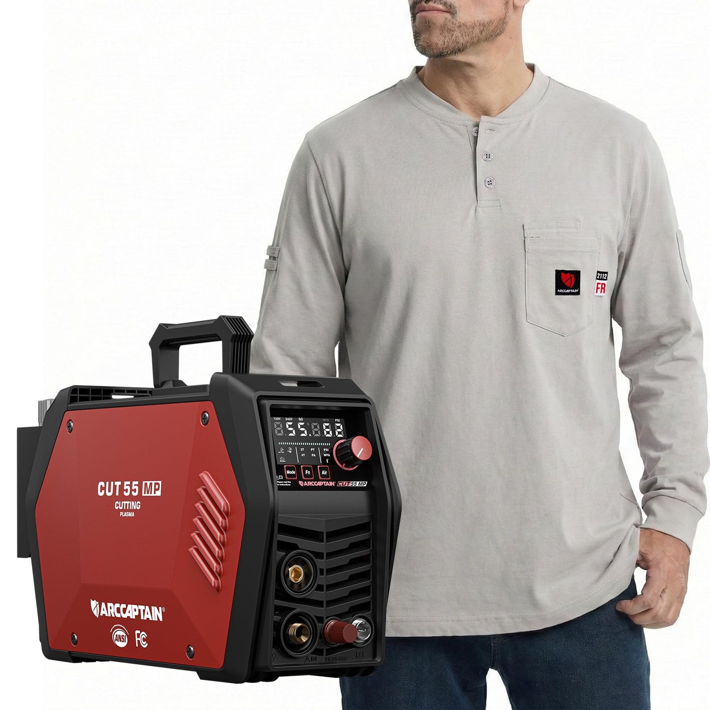 ARCCAPTAIN iControl [Non-HF] Plasma Cutter CUT55 MP & FR Shirts for Men 8oz 100% Cotton Fire Resistant Henley Shirt