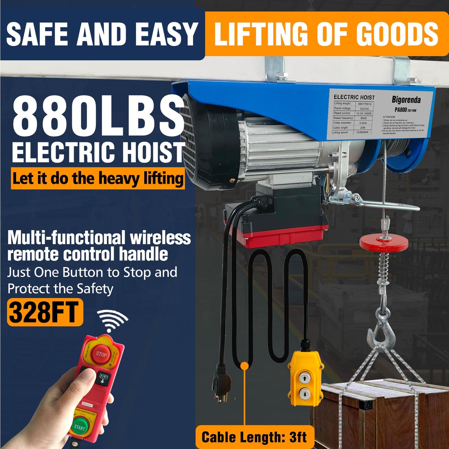 Bigorenda 880lb Electric Hoist with Remote Control/Wired Control, Electric Hoist 2 in 1, 110v Electric Hoist with Single/Double Slings,65.6/33ft Lifting Height, for Factory Attic Garage Warehouse