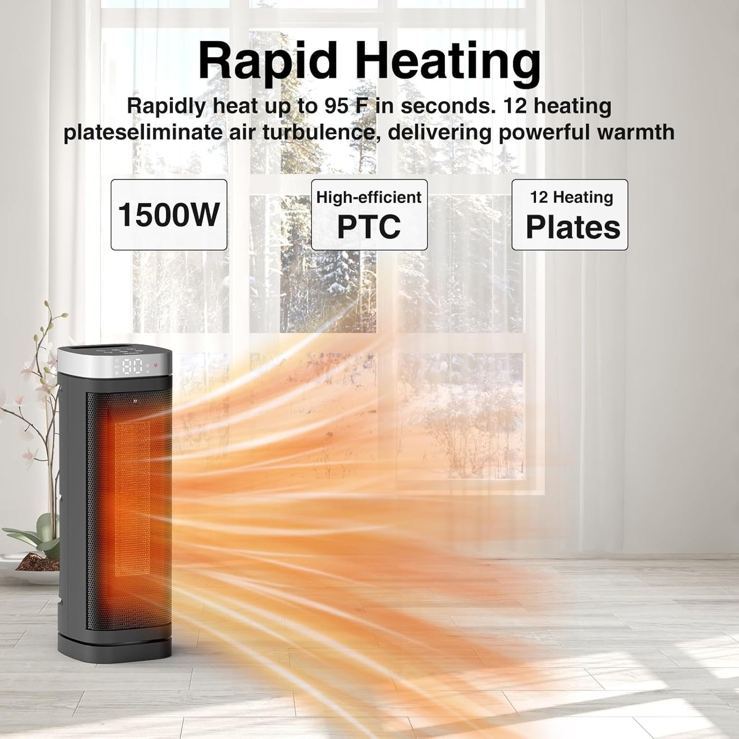 WINHL Electric Space Heater - 1500W PTC Ceramic with Thermostat, Remote & 70° Oscillation - 17 Inches for Home & Office