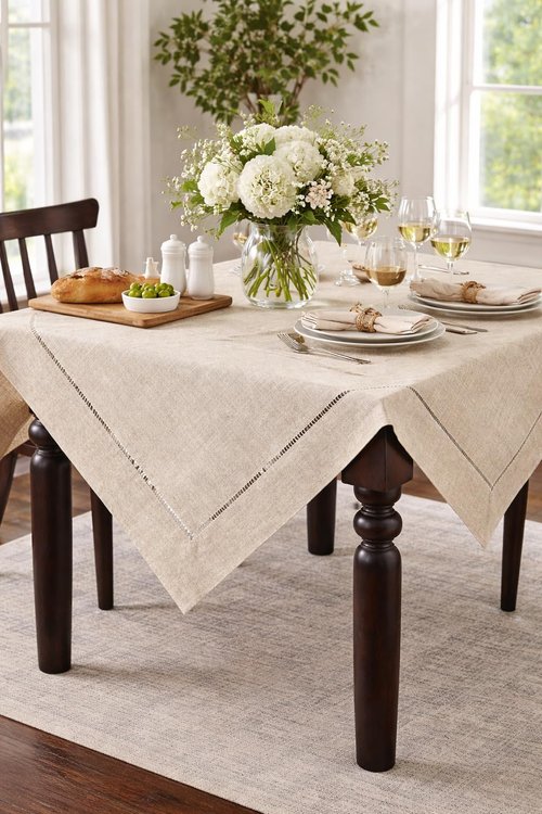 Fennco Styles Handmade Hemstitch Design Natural Tablecloth. One Piece (72" Square)