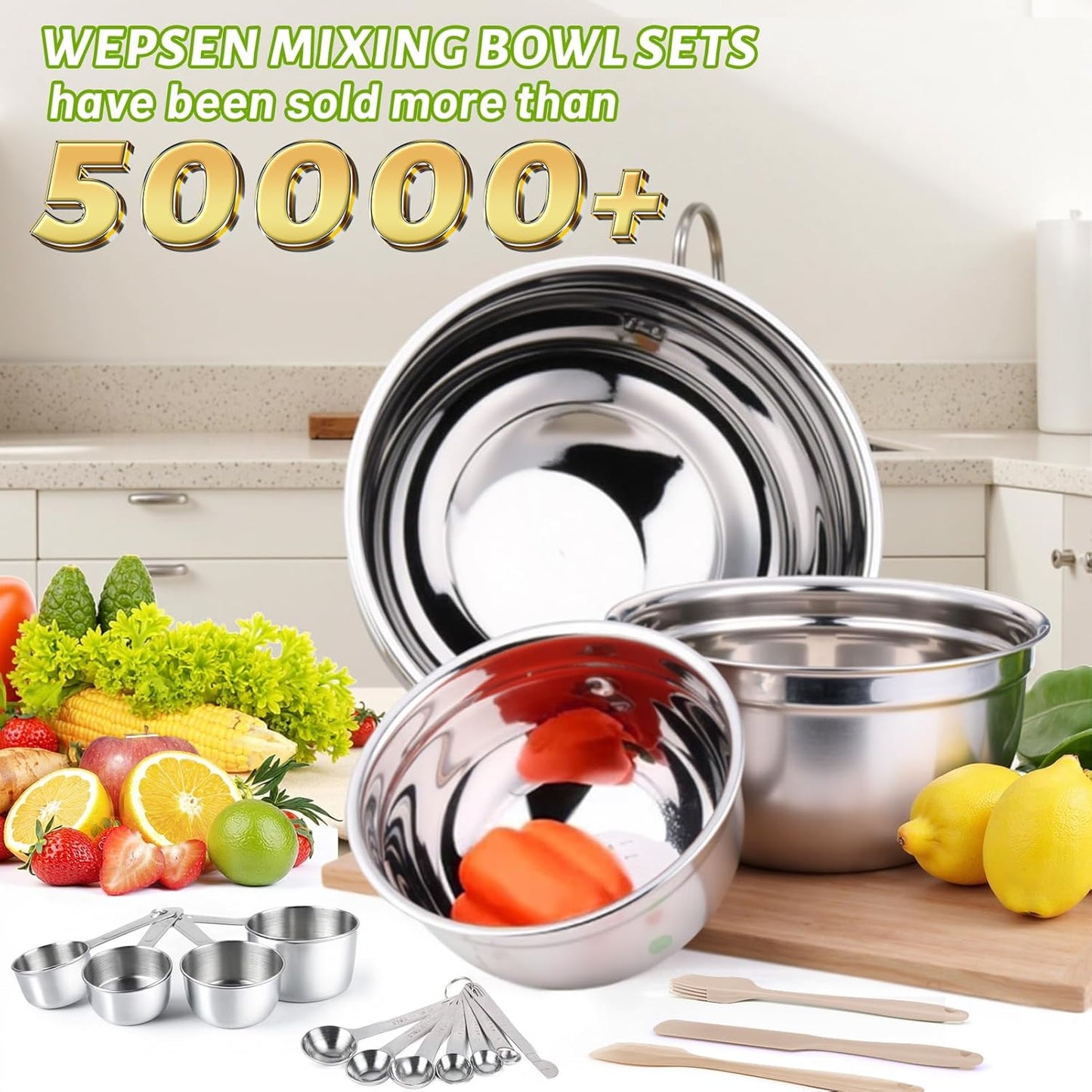 WEPSEN Mixing Bowls Set - 25PCS Stainless Steel Nesting Bowls with Lids | 7QT to 1.5QT for Cooking & Serving