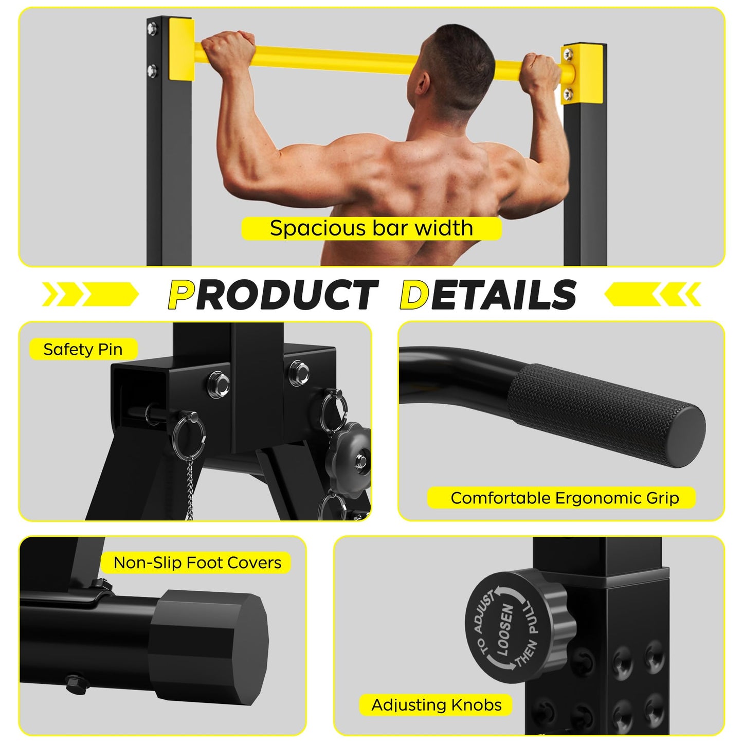DlandHome Foldable Power Tower Pull Up Bar Dip Station, Adjustable Height Multifunction Workout Pull Up Tower Station for Home Gym, Strength Training Equipment, Triangular Legs, Up to 330lbs, Yellow