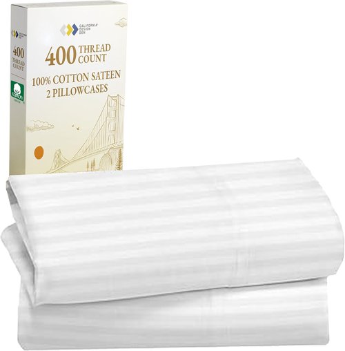 California Design Den King Size Pillowcase Set - 400 Thread Count, 100% Cotton Sateen, Soft & Breathable | Striped Bright White