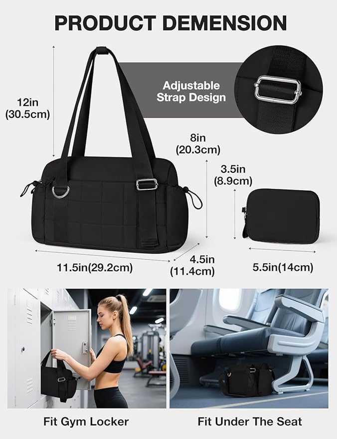 VUUDH Puffy Mini Gym Bag for Women, Carry On Multi-Pocket Water-Resistant Duffel, Lightweight Sports Bag for Fitness, Work, Travel, Daily Commute,Black