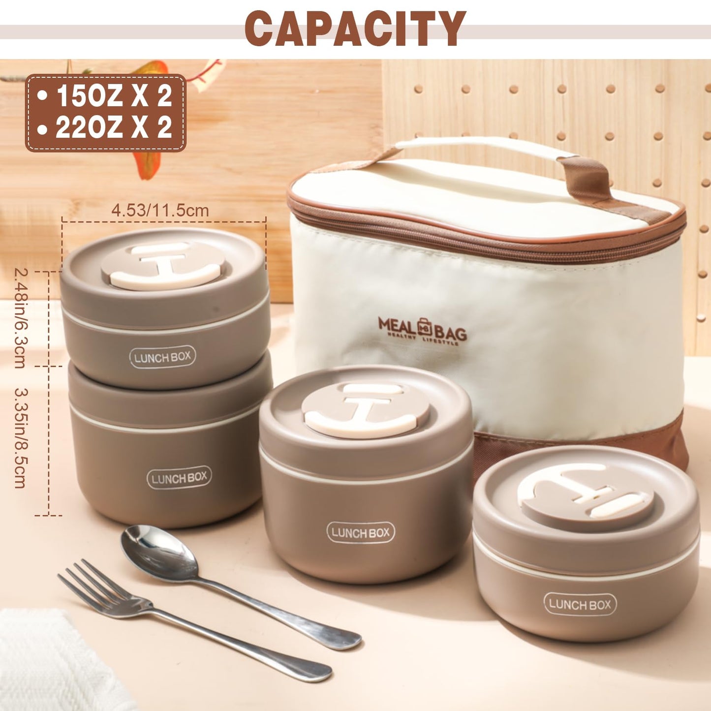 Dandat 4 Pcs Insulated Bento Box Portable Stainless Steel Food Container Round Stackable Leakproof Thermal Food Container for Adult Men Women with Insulated Bag, 74 oz(Khaki)